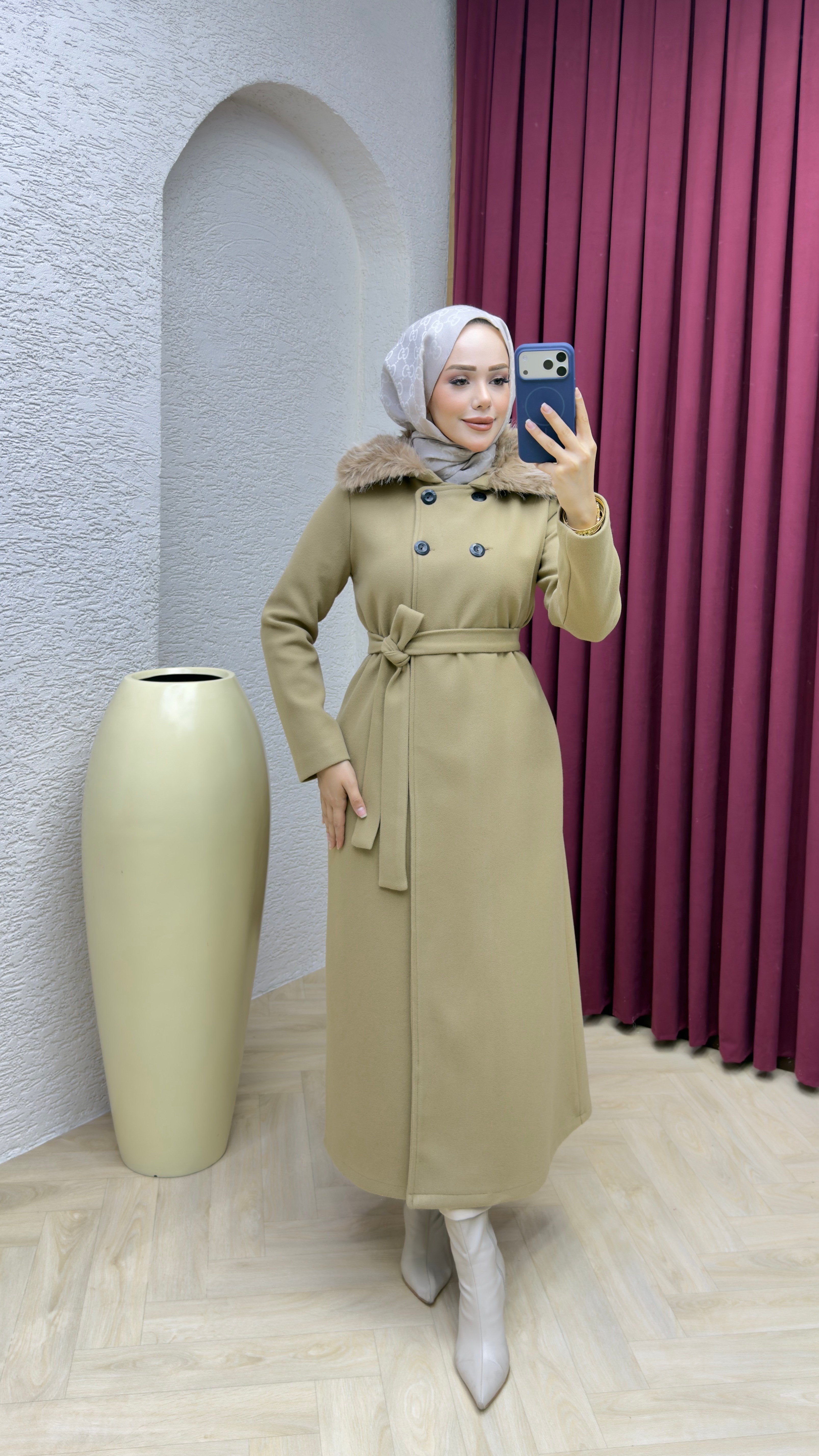 Kürk Yaka Kaşe Kaban 1009 Latte