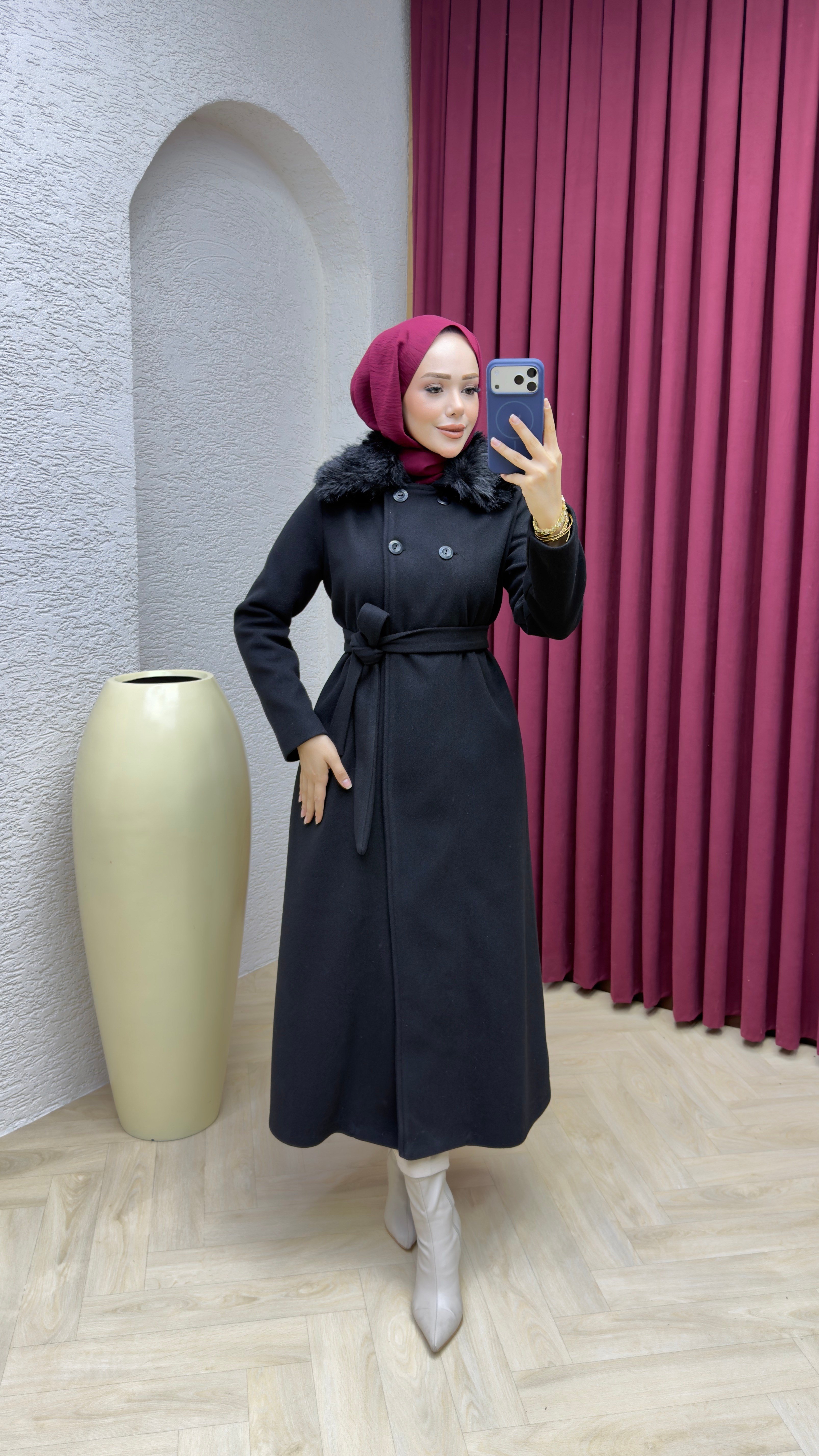 Kürk Yaka Kaşe Kaban 1009 Siyah