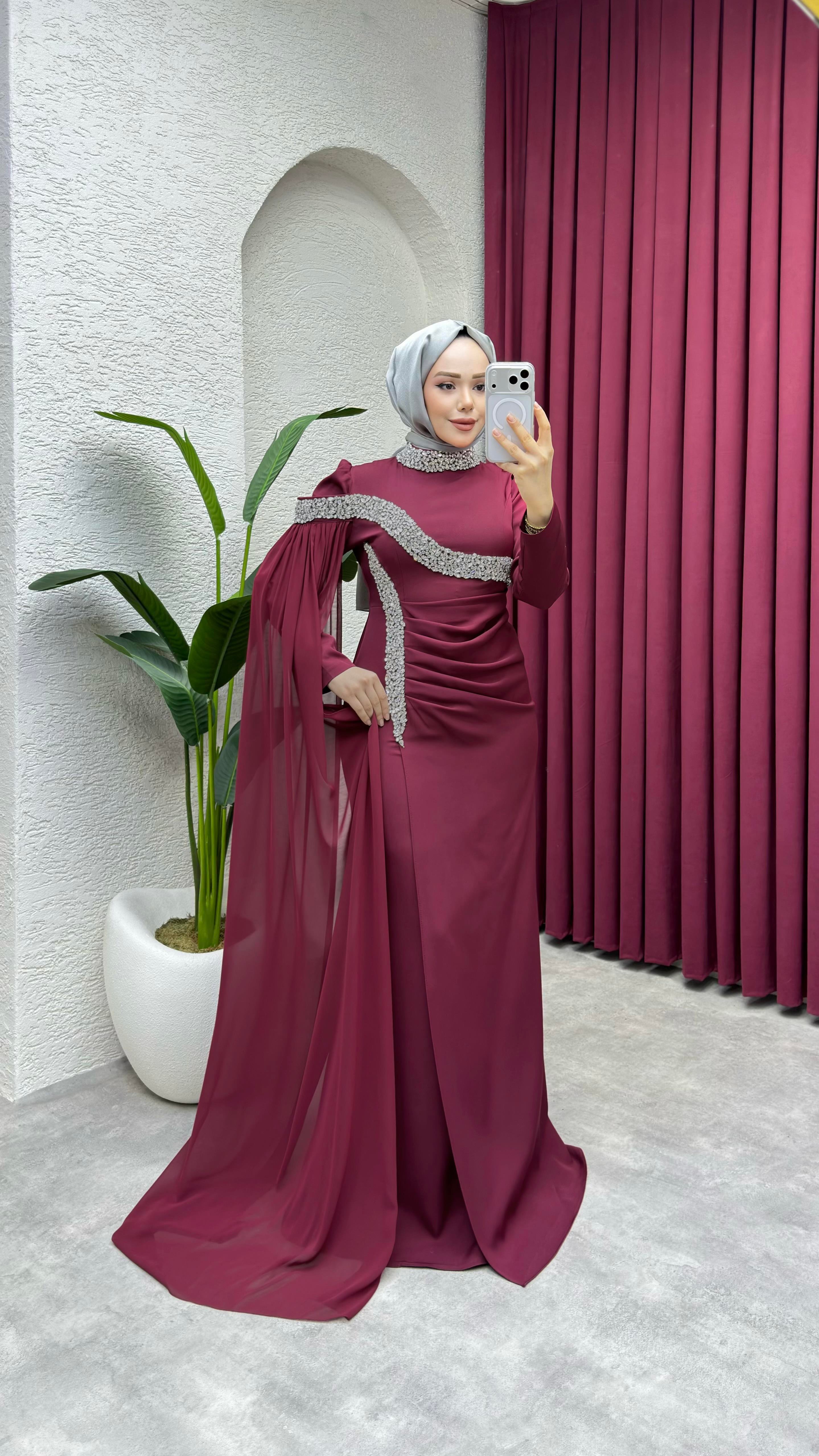 Lara Taş Detay Balık Abiye 8053 Bordo