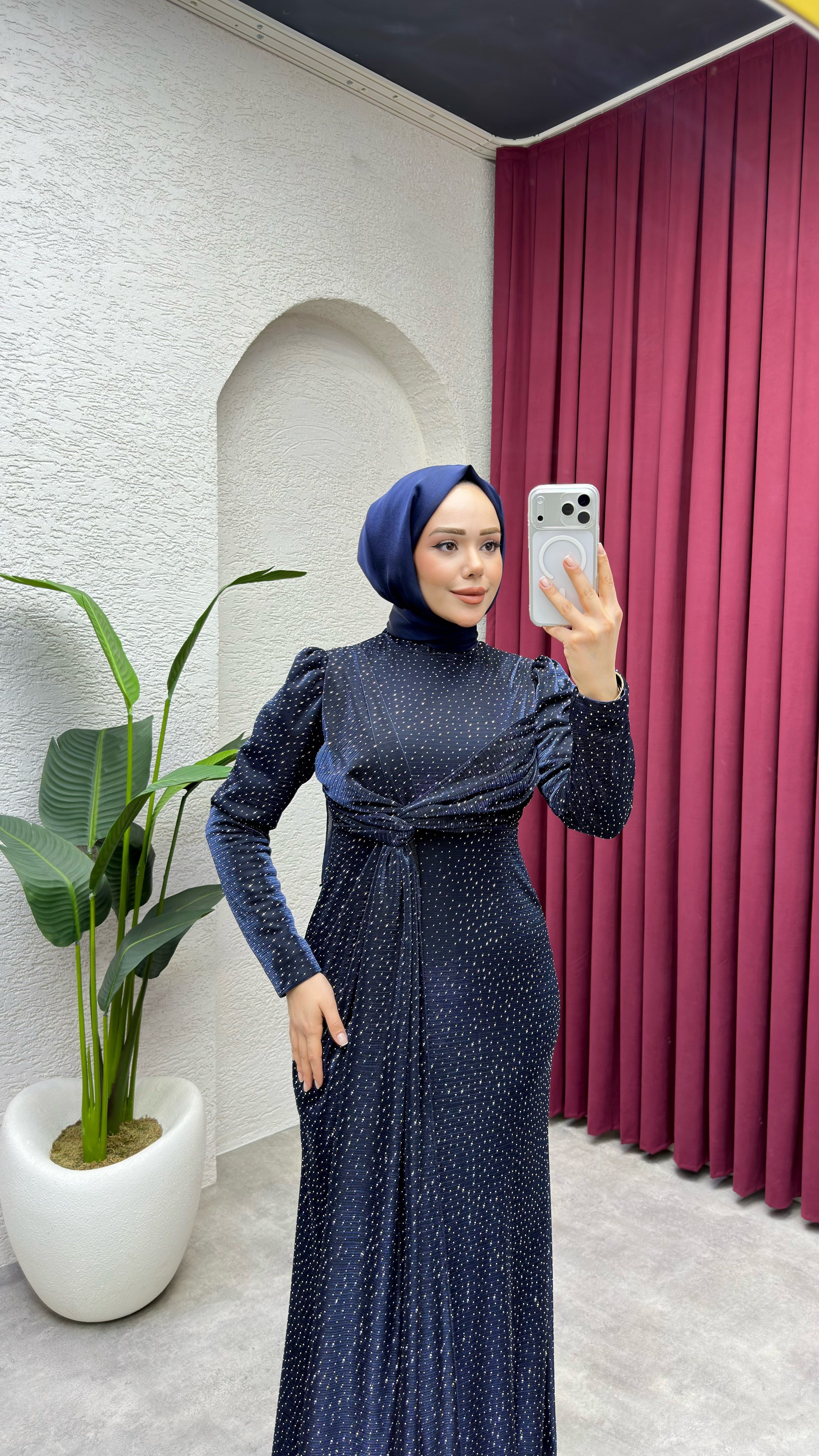 Rüya Serpme Taşlı Elbise 8084 Lacivert