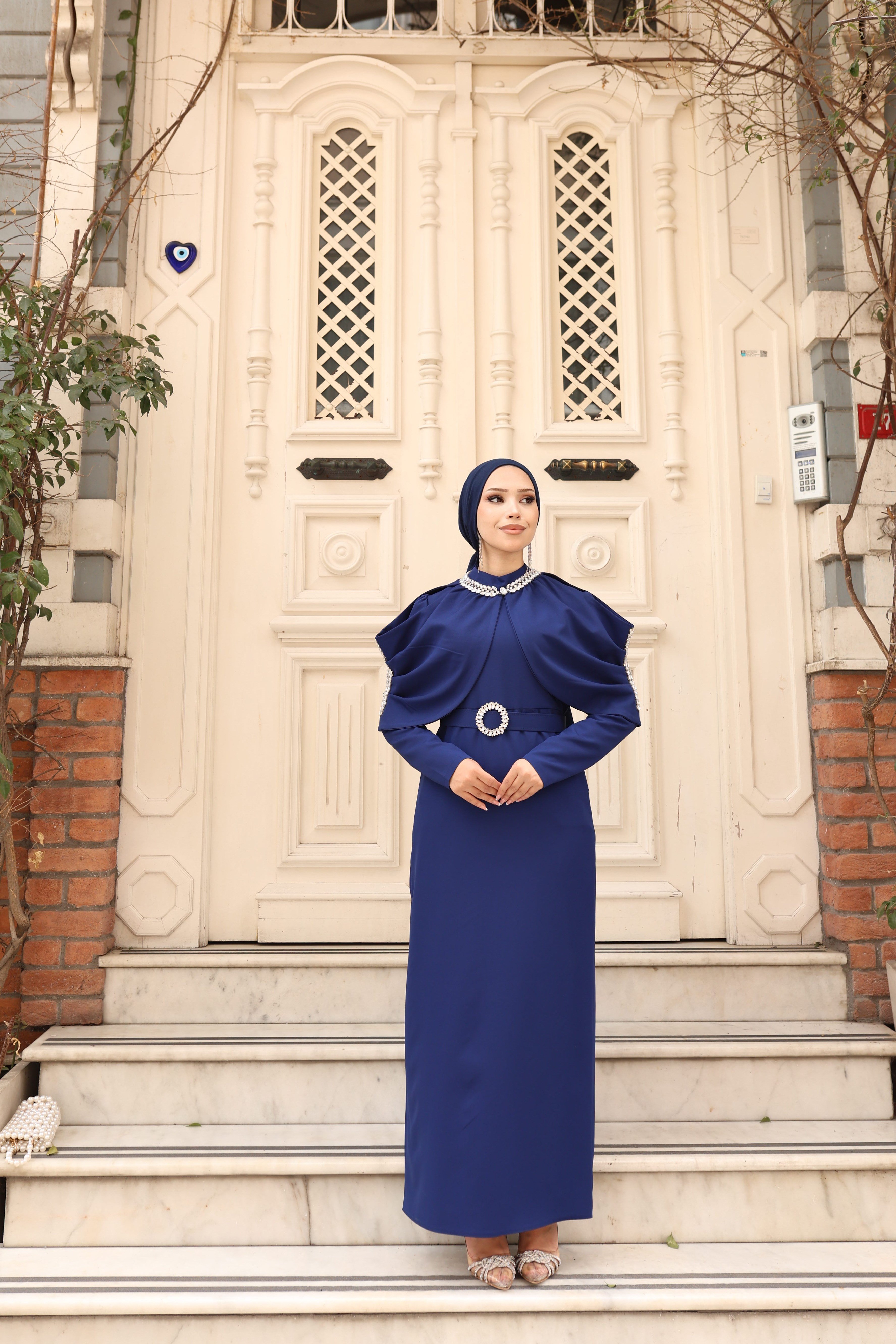 Sare Seyyar Pelerinli Elbise 8042 Saks