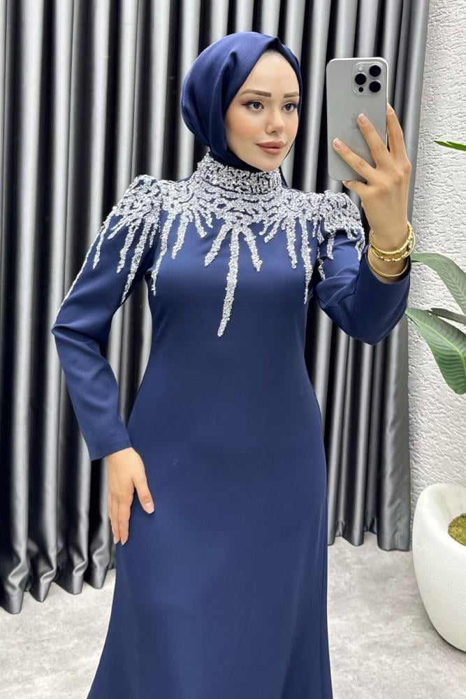 Sofia Pul Detaylı Abiye Elbise | Lacivert
