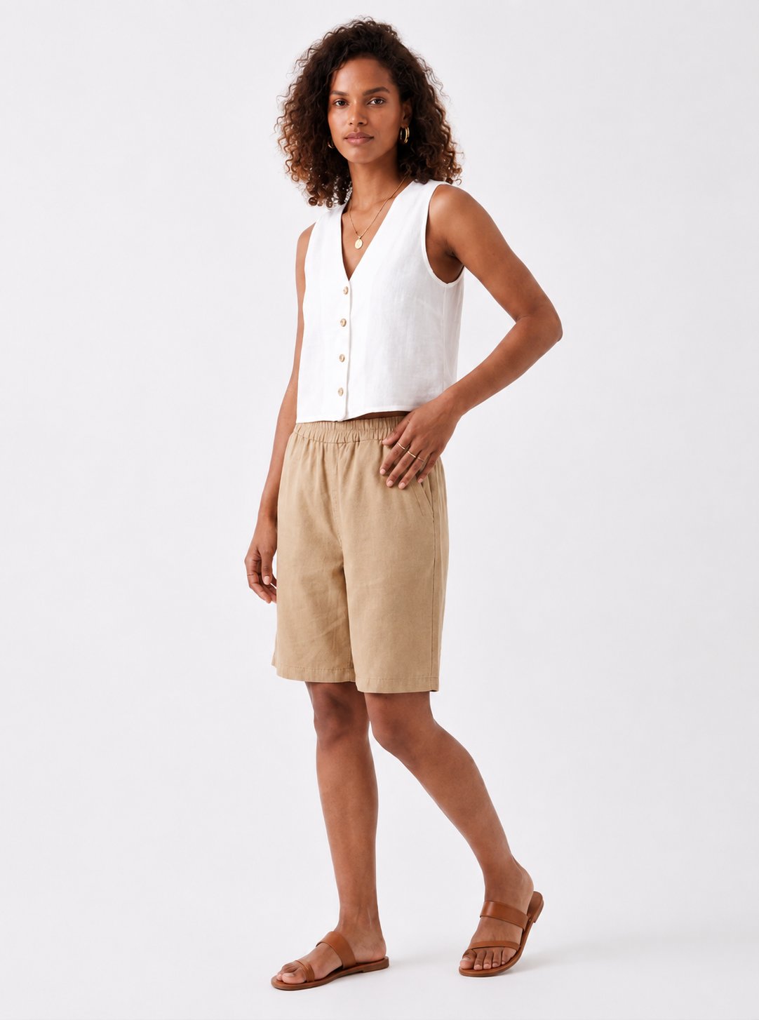 Bold & Young 100% Pamuklu Bej Rahat Kalıp Beli Lastikli Şort