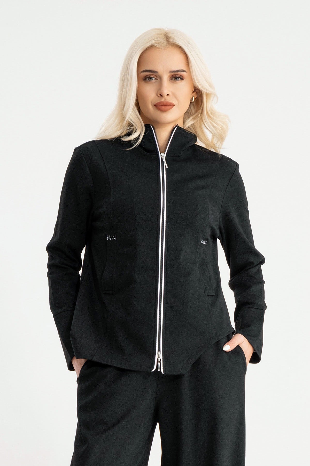 Bold & Young Çelik Örme Kumaş Çift Fermuarlı Cepli Siyah Kadın Ceket