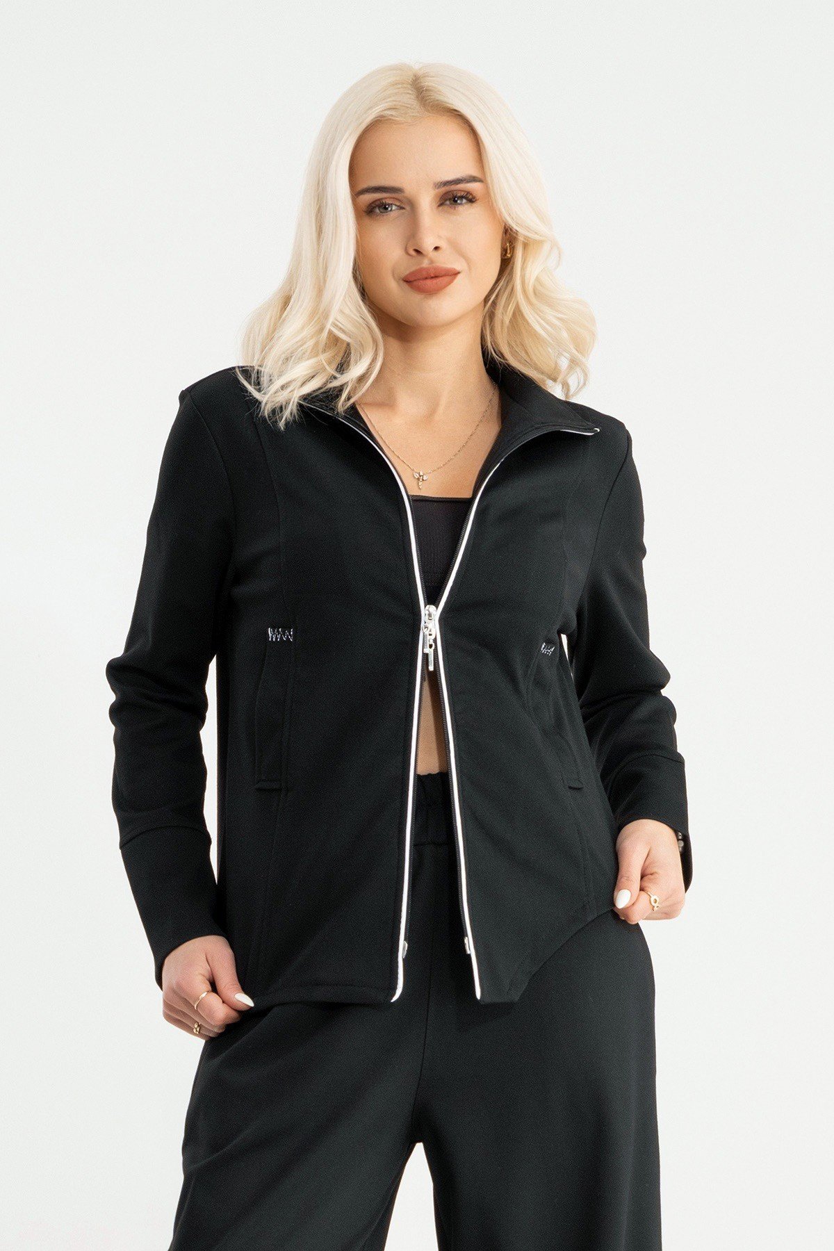 Bold & Young Çelik Örme Kumaş Çift Fermuarlı Cepli Siyah Kadın Ceket