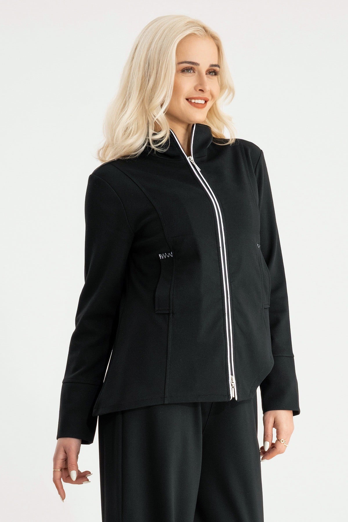 Bold & Young Çelik Örme Kumaş Çift Fermuarlı Cepli Siyah Kadın Ceket