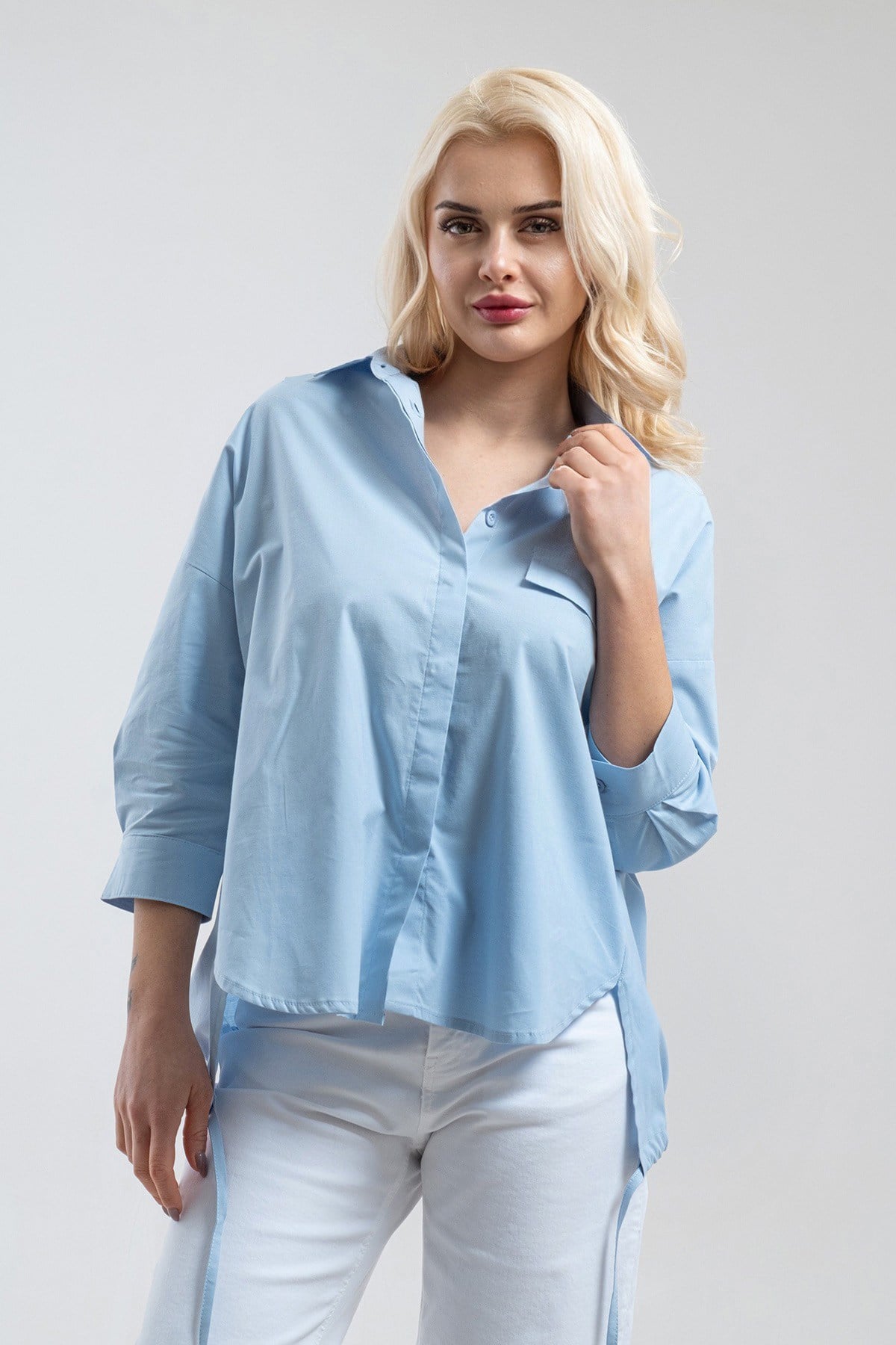 Bold & Young Kadın Açık Mavi Kordon Detaylı Oversize Pamuk Likralı Gömlek