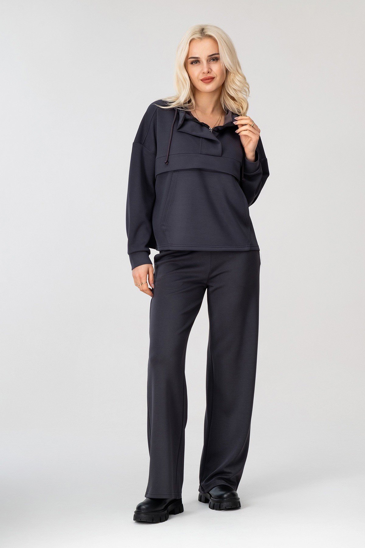 Bold & Young Kadın Antrasit Modal Kumaş Kapüşonlu Fermuarlı Sweatshirt