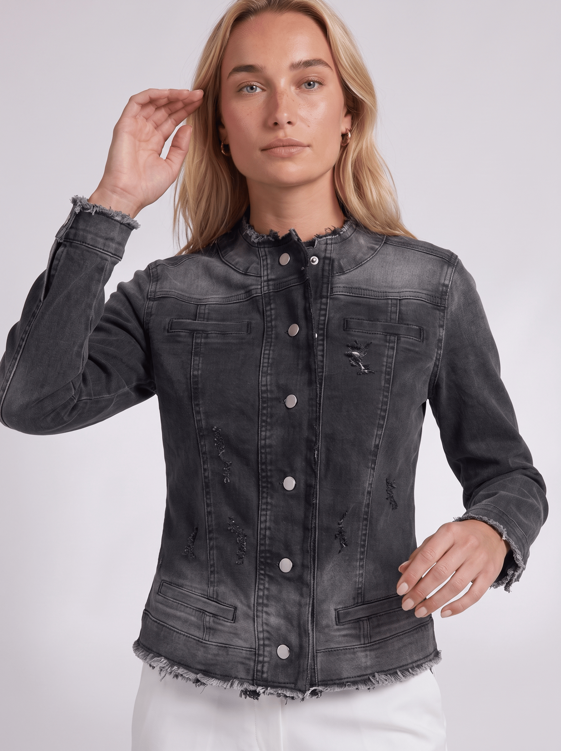 Bold & Young Kadın Antrasit Renk Geçişli Streç Denim Çıtçıtlı Slim Fit Ceket
