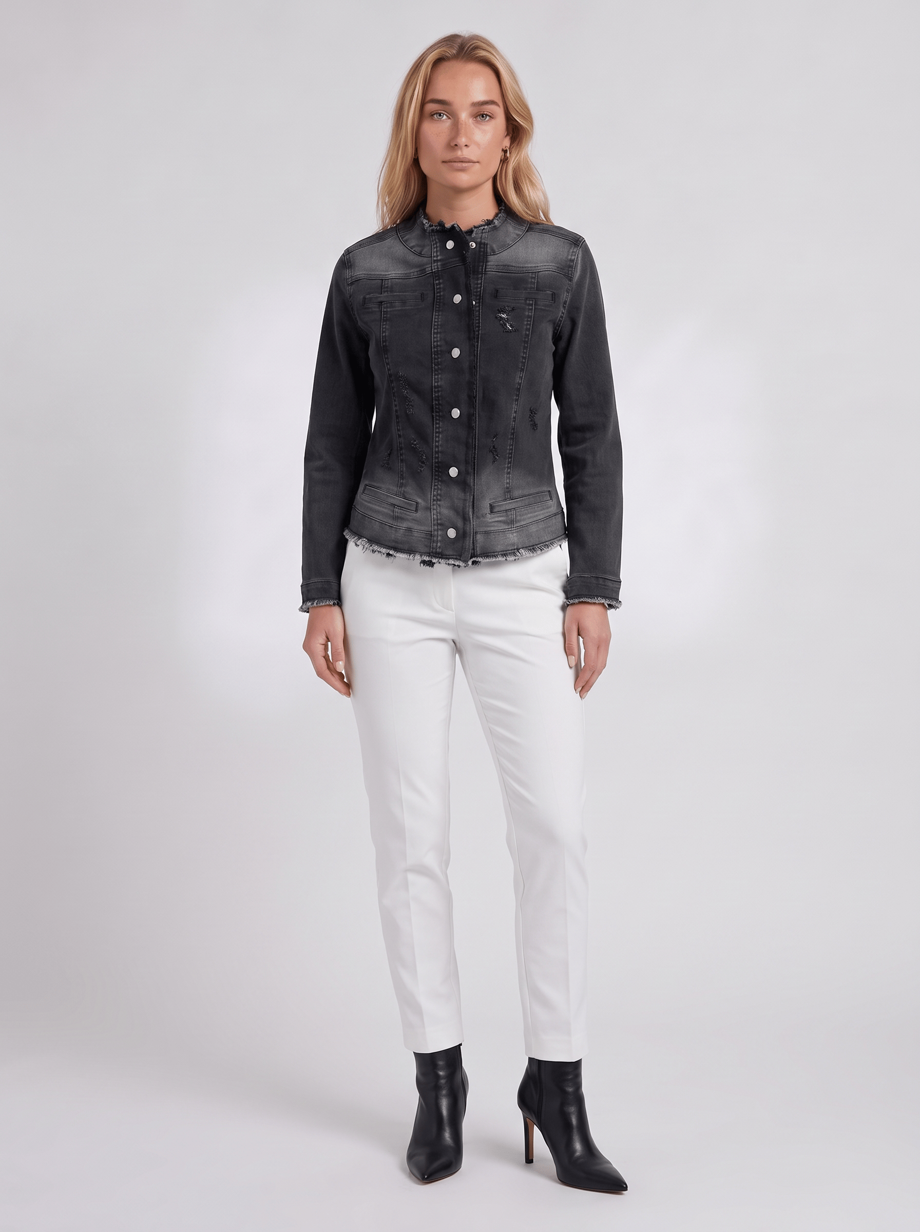 Bold & Young Kadın Antrasit Renk Geçişli Streç Denim Çıtçıtlı Slim Fit Ceket