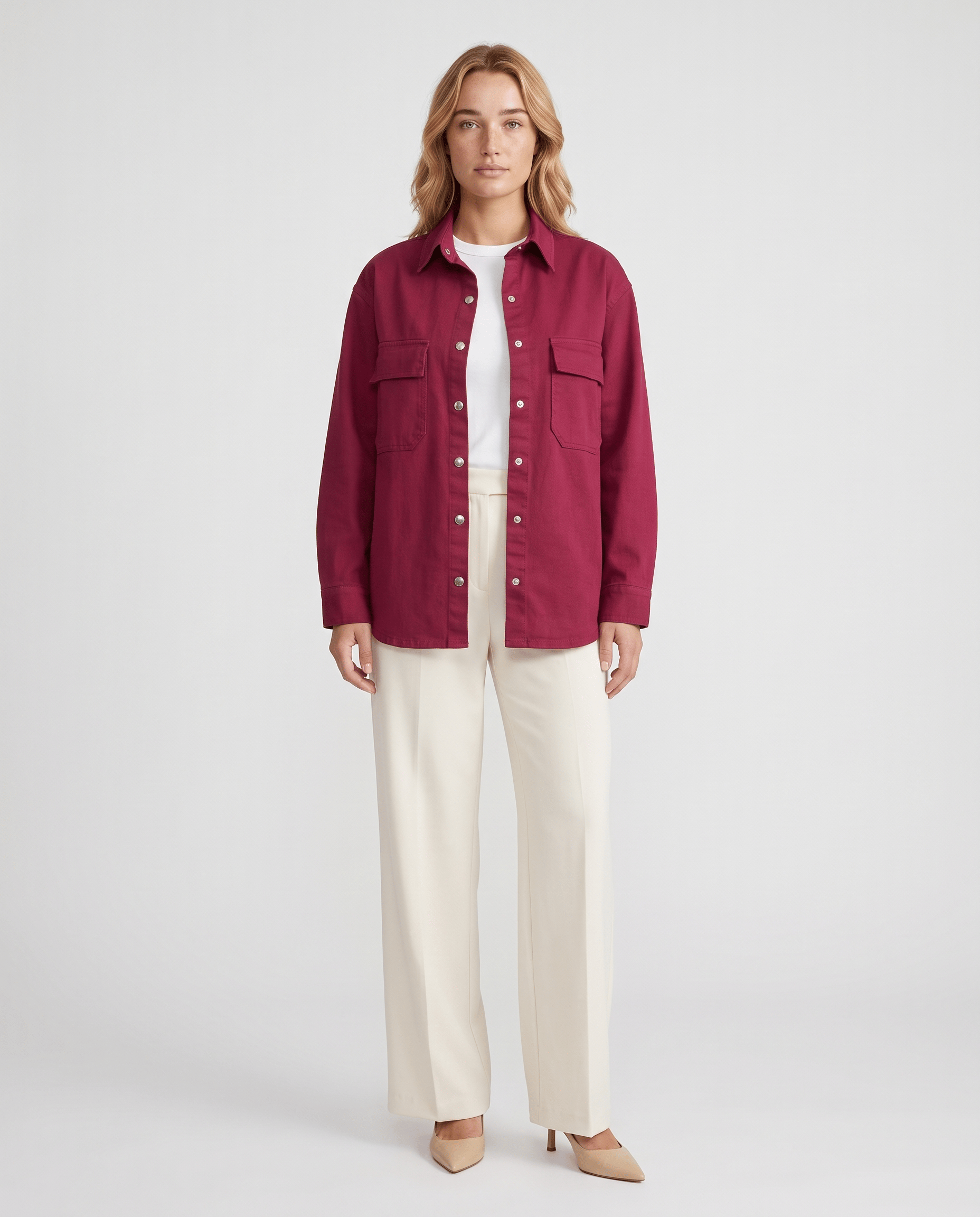 Bold & Young Kadın Bordo Çıtçıtlı Çift Cepli Rahat Kalıp Gömlek