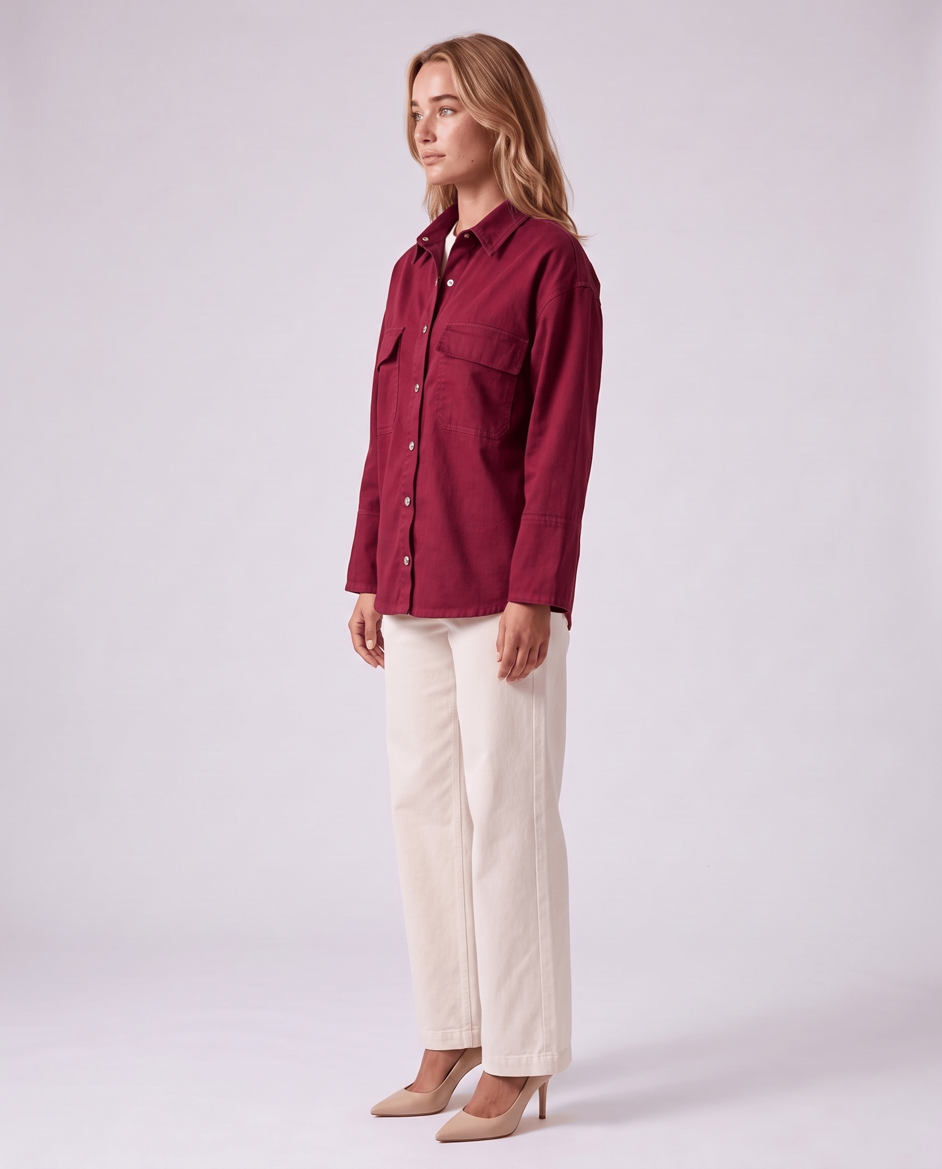 Bold & Young Kadın Bordo Çıtçıtlı Çift Cepli Rahat Kalıp Gömlek