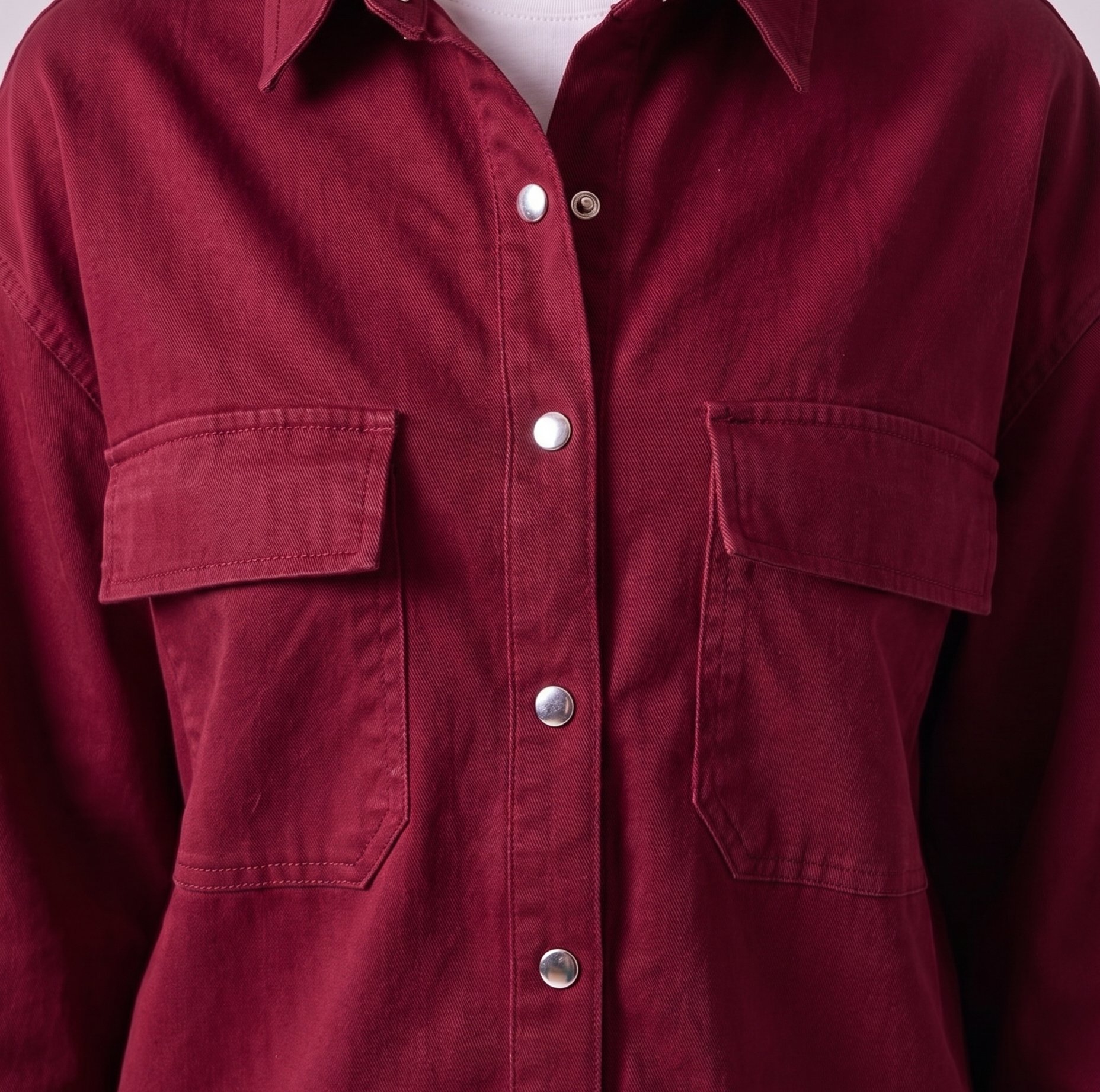 Bold & Young Kadın Bordo Çıtçıtlı Çift Cepli Rahat Kalıp Gömlek