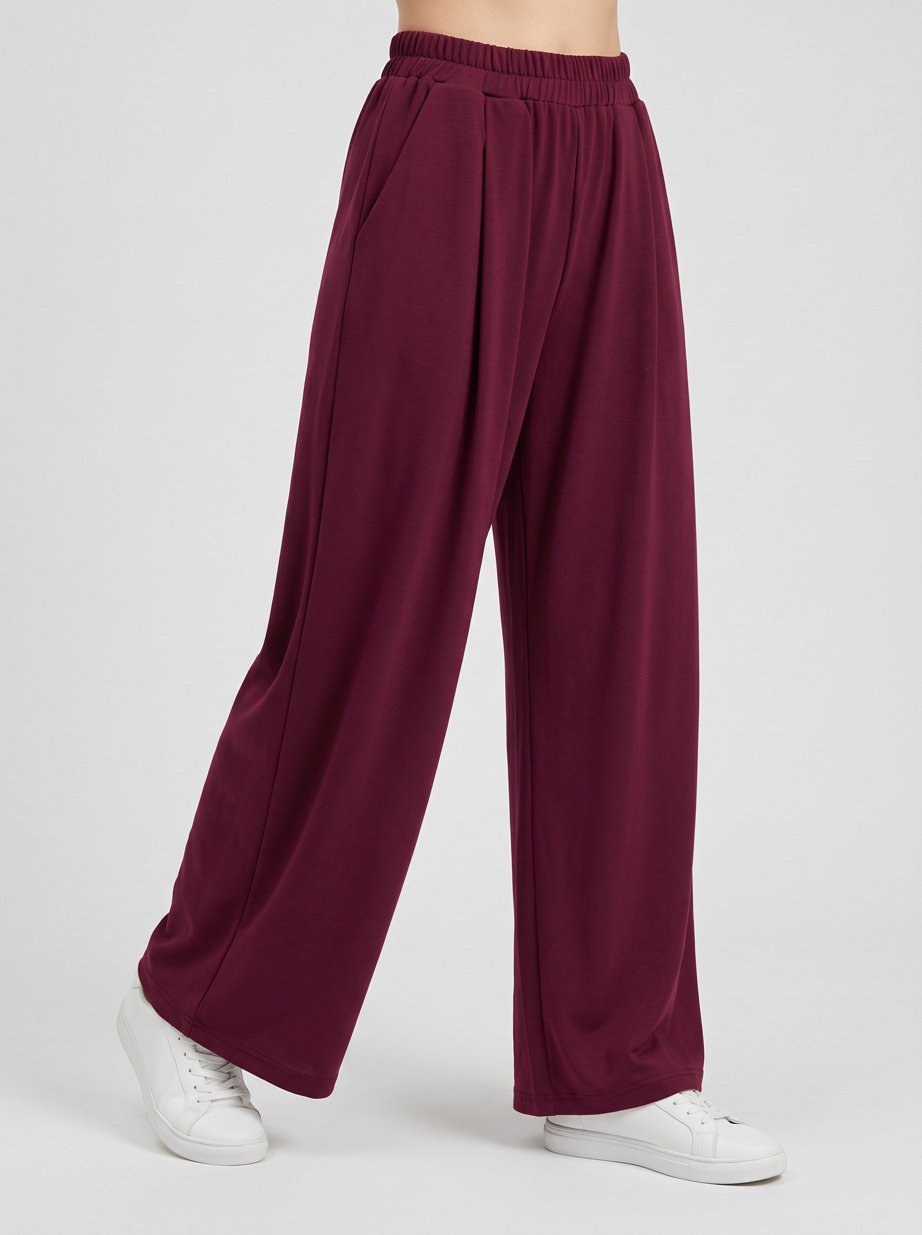 Bold & Young Kadın Bordo Modal Kumaş Beli Lastikli Ön Pileli Bol Paça Pantolon