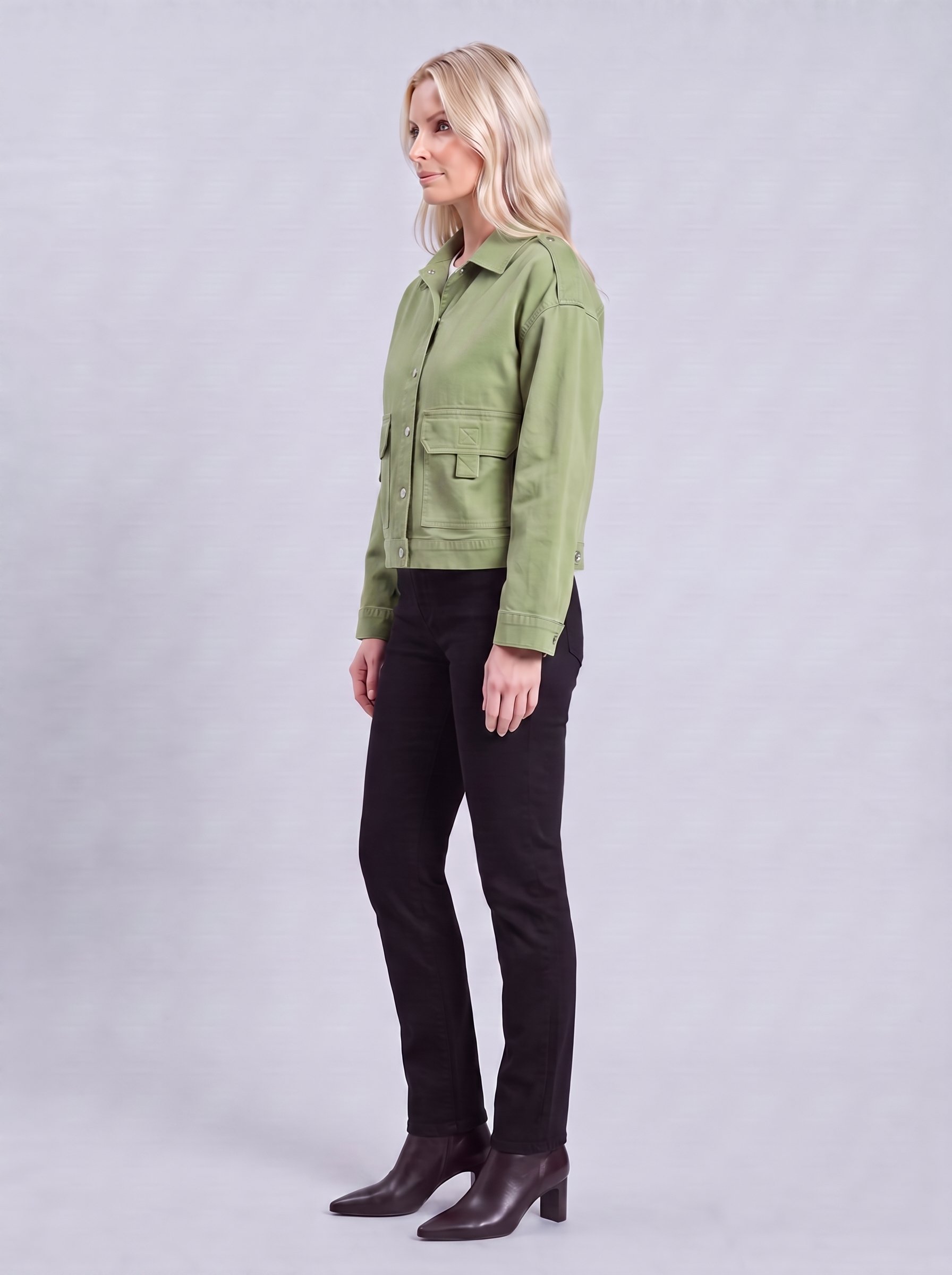 Bold & Young Kadın Haki Yeşil Çıtçıtlı Kargo Cepli Pamuklu Ceket