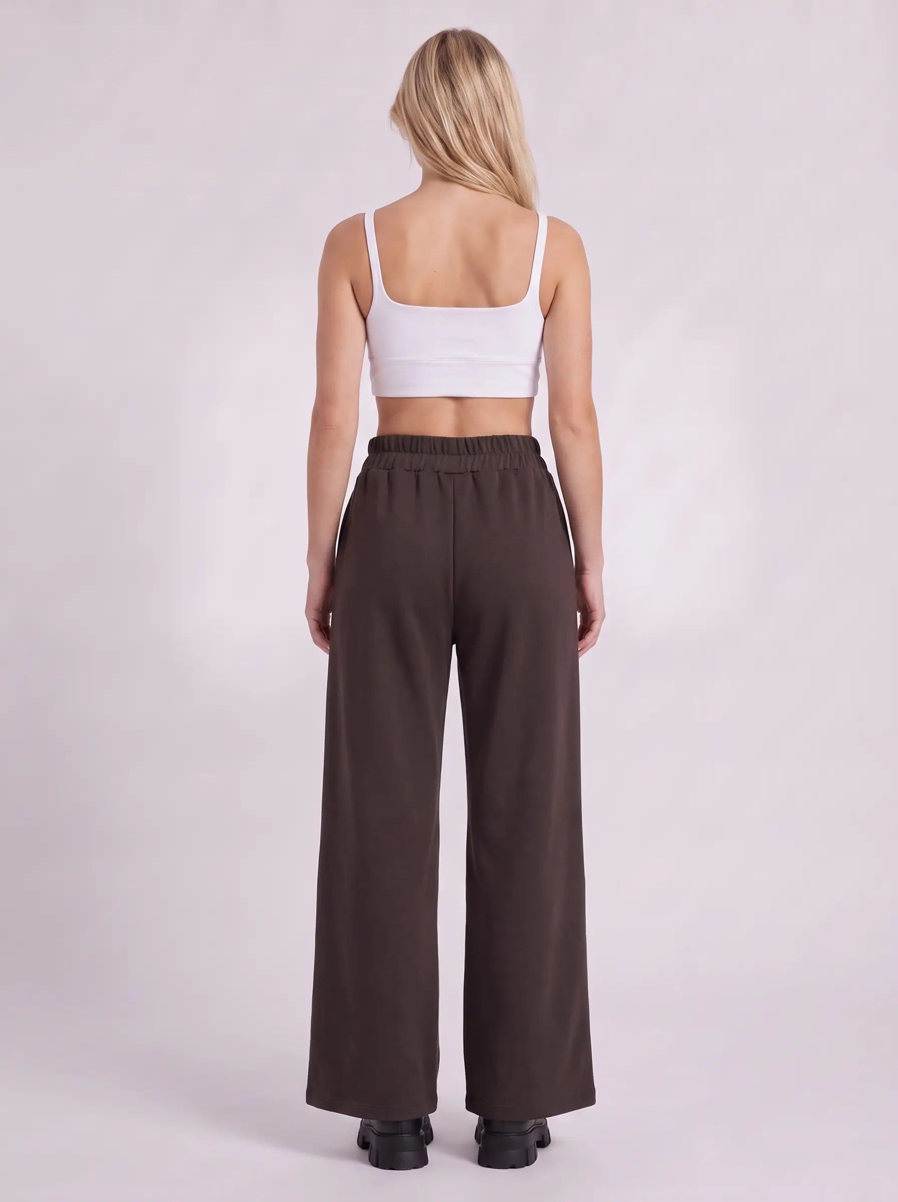 Bold & Young Kadın Kahverengi Çelik Örme Beli Lastikli Cepli Bol Paça Pantolon