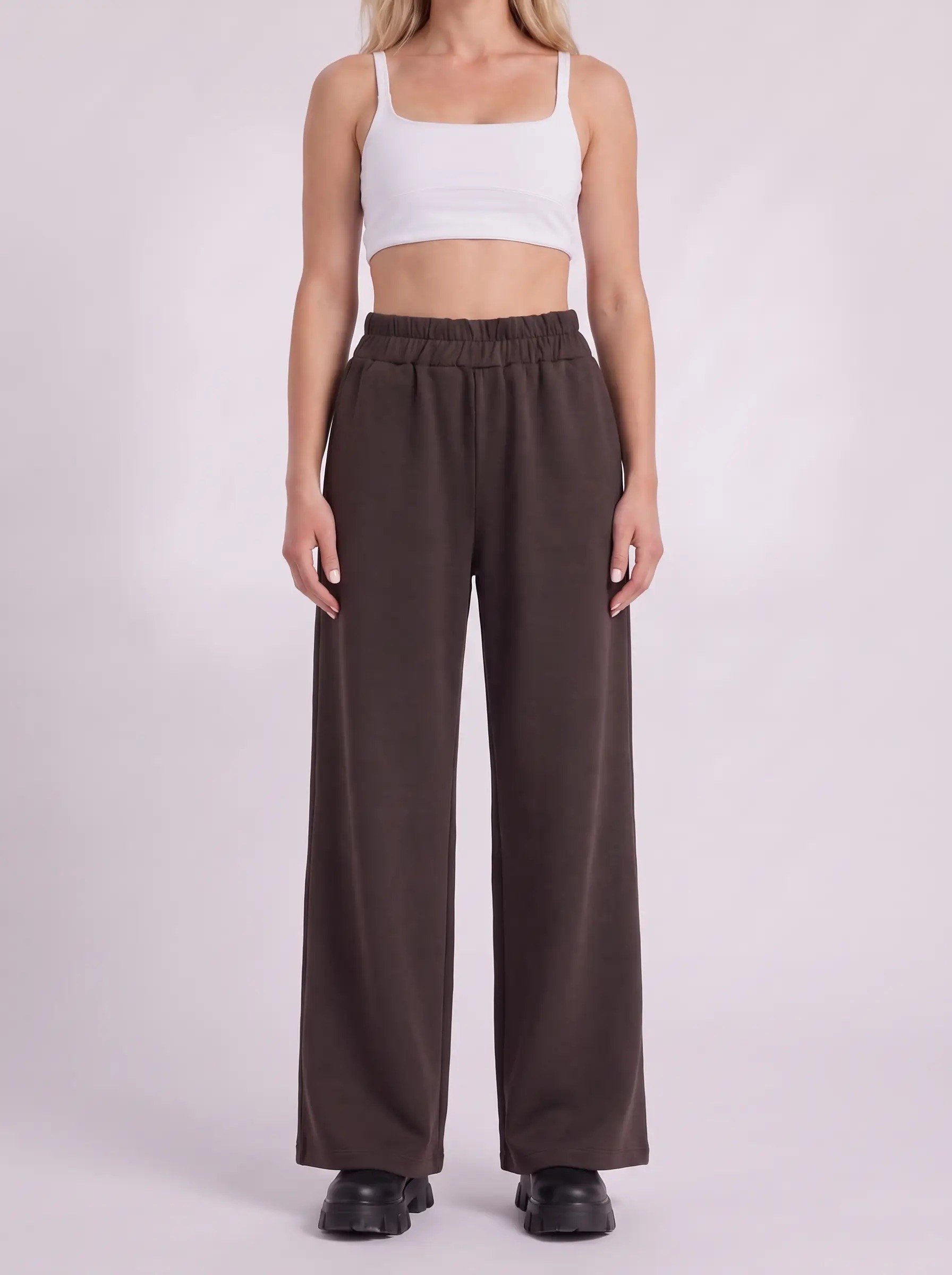 Bold & Young Kadın Kahverengi Çelik Örme Beli Lastikli Cepli Bol Paça Pantolon
