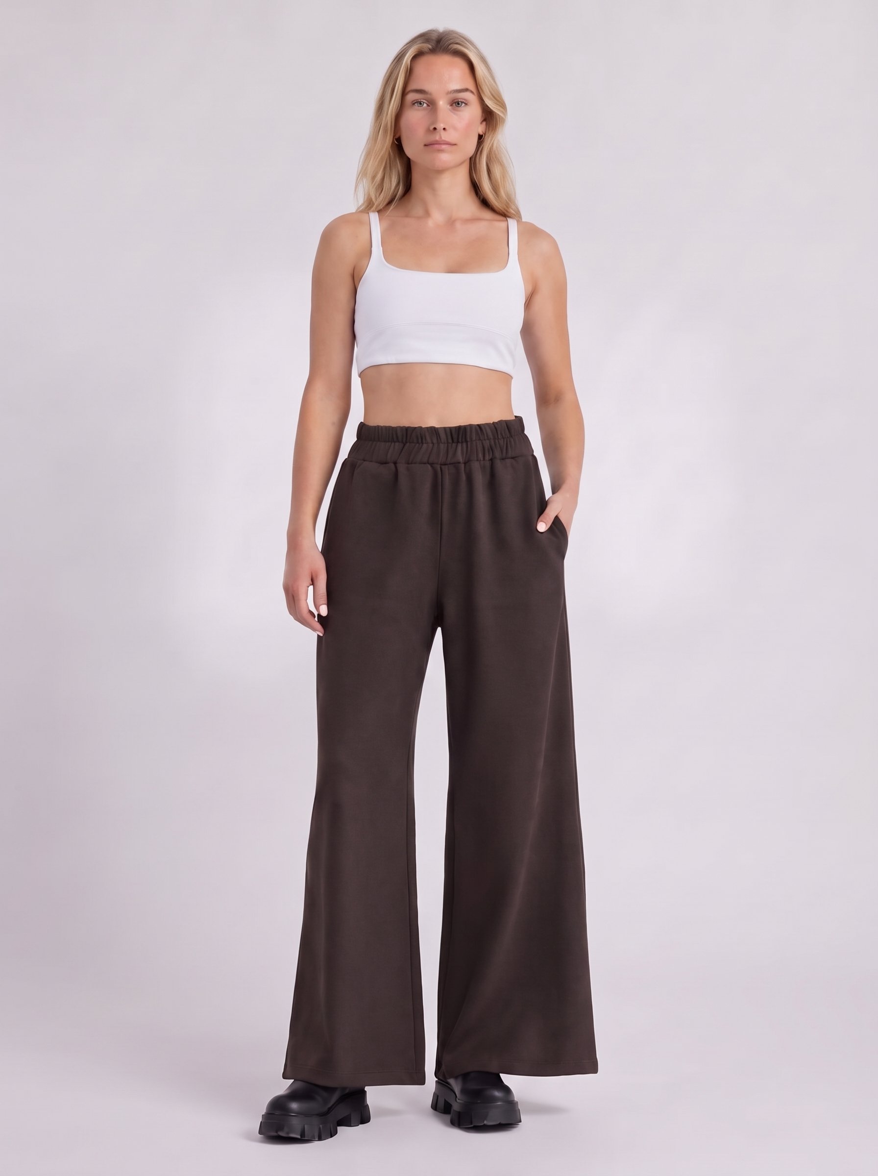 Bold & Young Kadın Kahverengi Çelik Örme Beli Lastikli Cepli Bol Paça Pantolon
