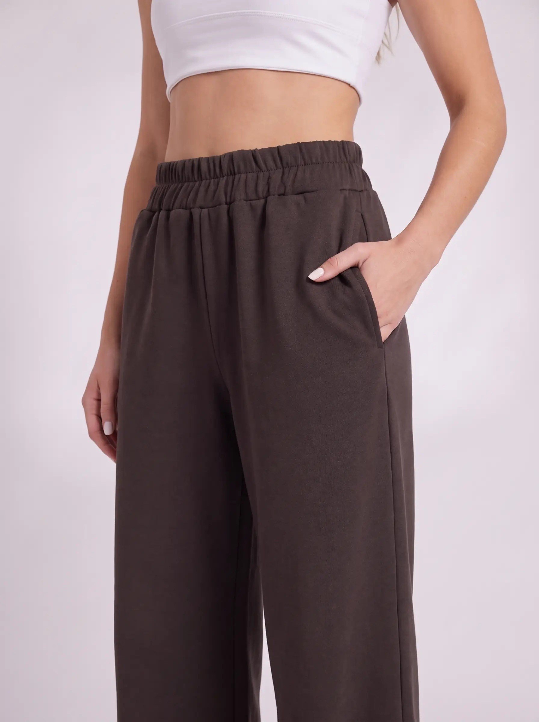 Bold & Young Kadın Kahverengi Çelik Örme Beli Lastikli Cepli Bol Paça Pantolon