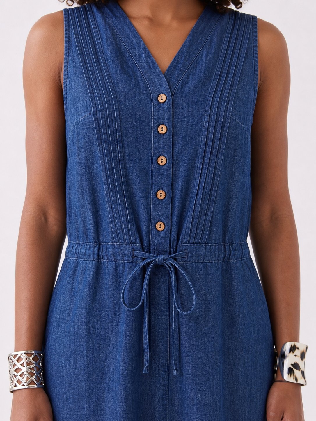 Bold & Young Kadın Mavi Denim Kot Düğmeli Beli Bağlamalı Elbise
