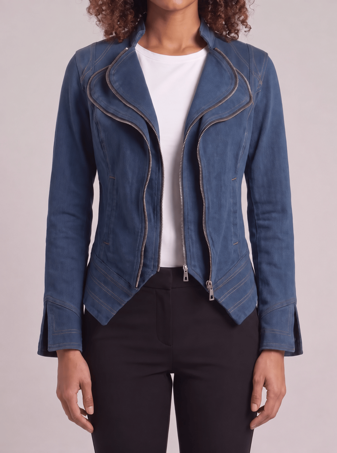 Bold & Young Kadın Mavi Fermuar ve Dikiş Detaylı Likralı Kot Ceket