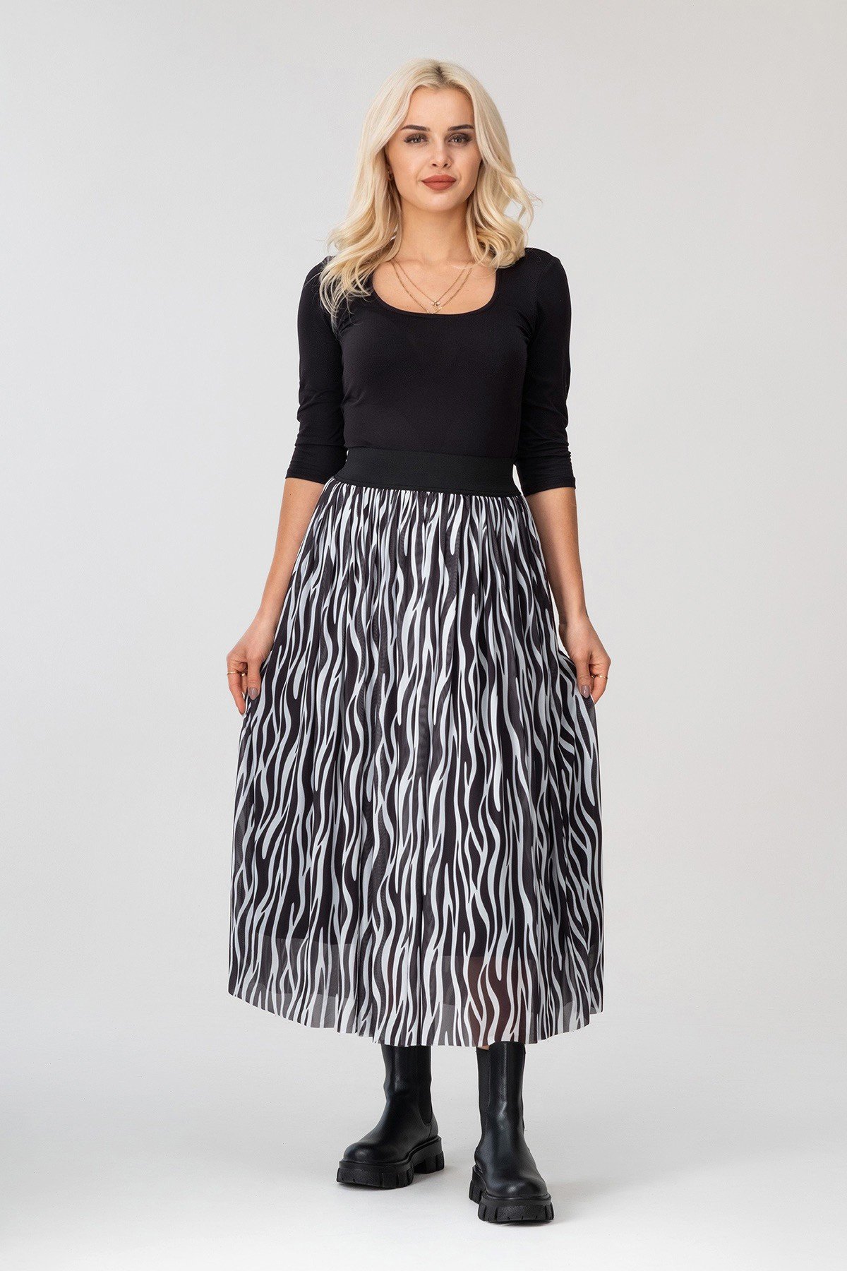 Bold & Young Kadın Siyah Beyaz Zebra Baskılı Astarlı Beli Lastikli Tül Etek