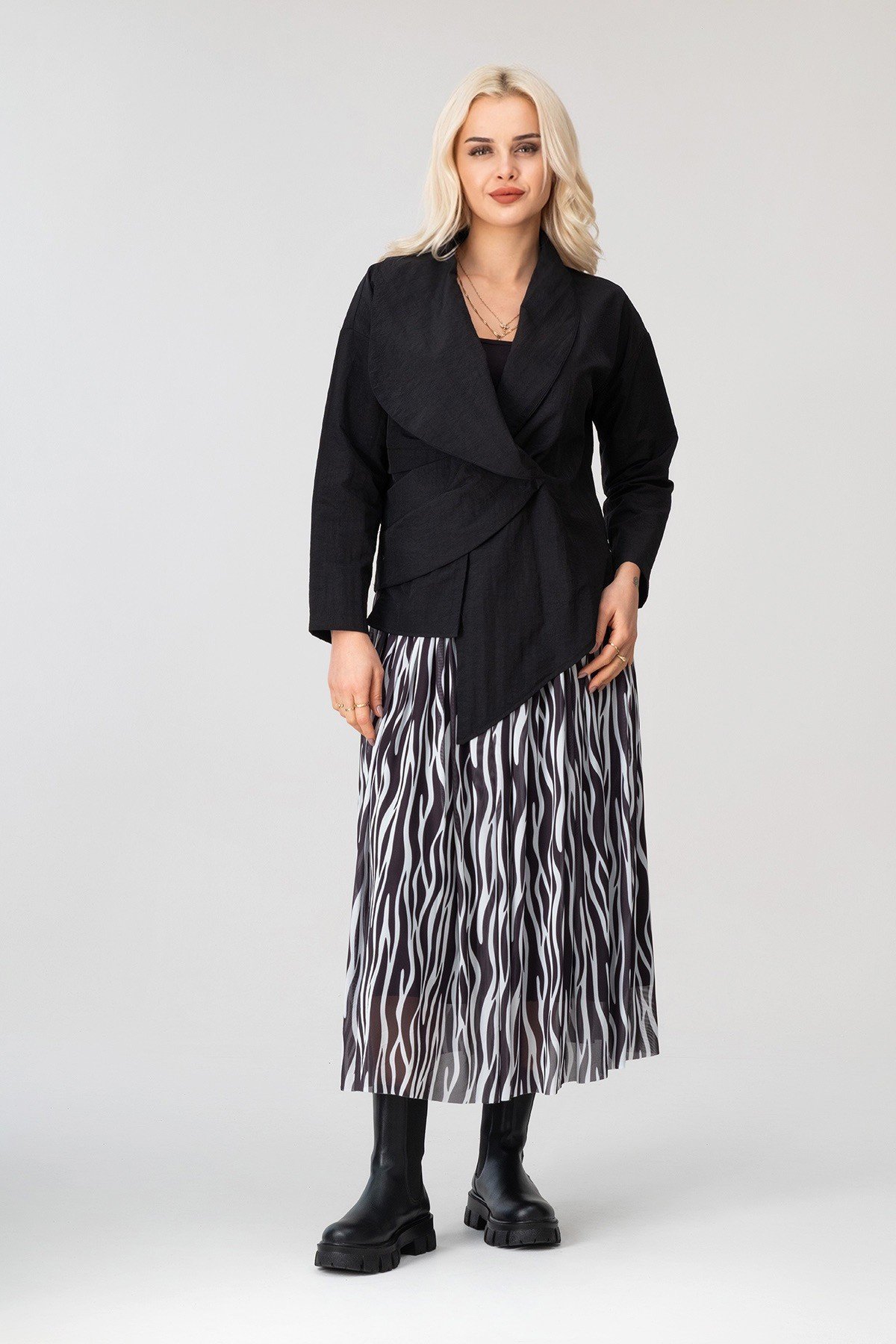 Bold & Young Kadın Siyah Beyaz Zebra Baskılı Astarlı Beli Lastikli Tül Etek