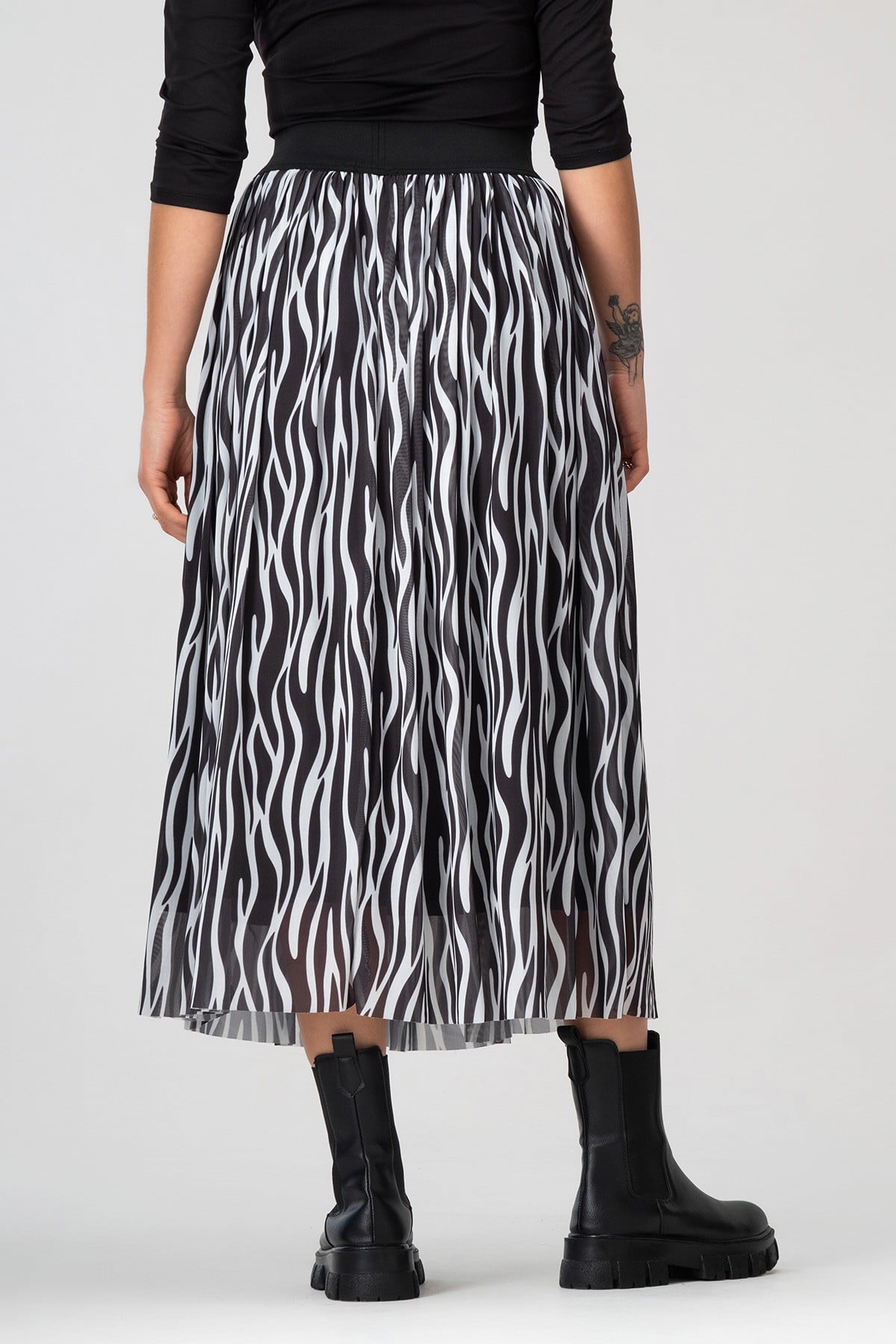 Bold & Young Kadın Siyah Beyaz Zebra Baskılı Astarlı Beli Lastikli Tül Etek