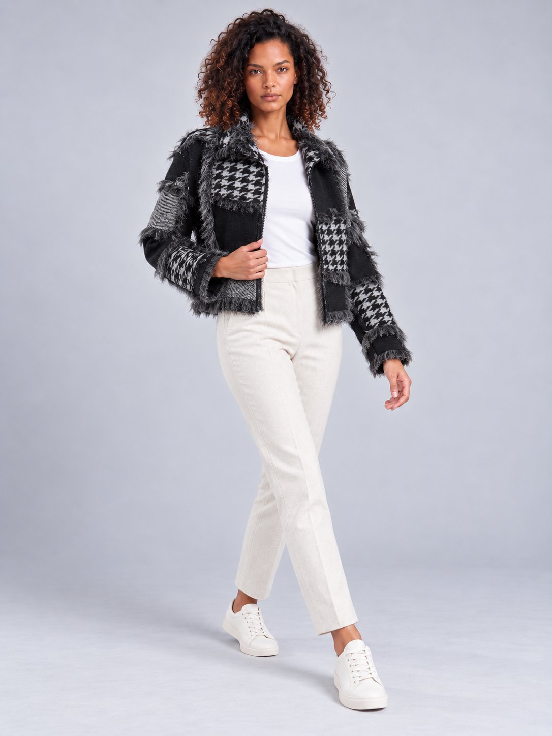 Bold & Young Kadın Siyah Gri Patchwork Desenli Yün Karışımlı Fermuarlı Ceket