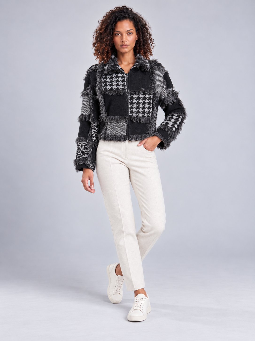 Bold & Young Kadın Siyah Gri Patchwork Desenli Yün Karışımlı Fermuarlı Ceket