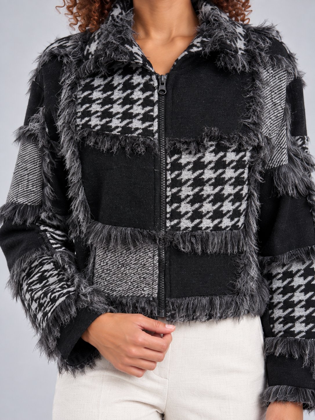 Bold & Young Kadın Siyah Gri Patchwork Desenli Yün Karışımlı Fermuarlı Ceket