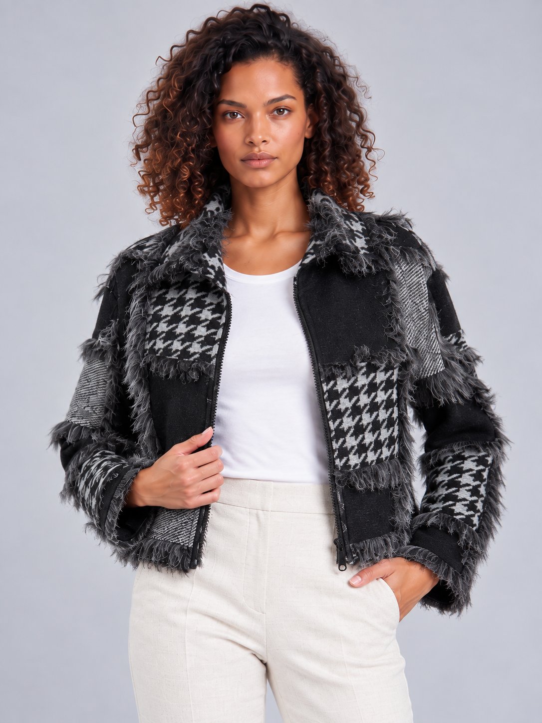 Bold & Young Kadın Siyah Gri Patchwork Desenli Yün Karışımlı Fermuarlı Ceket