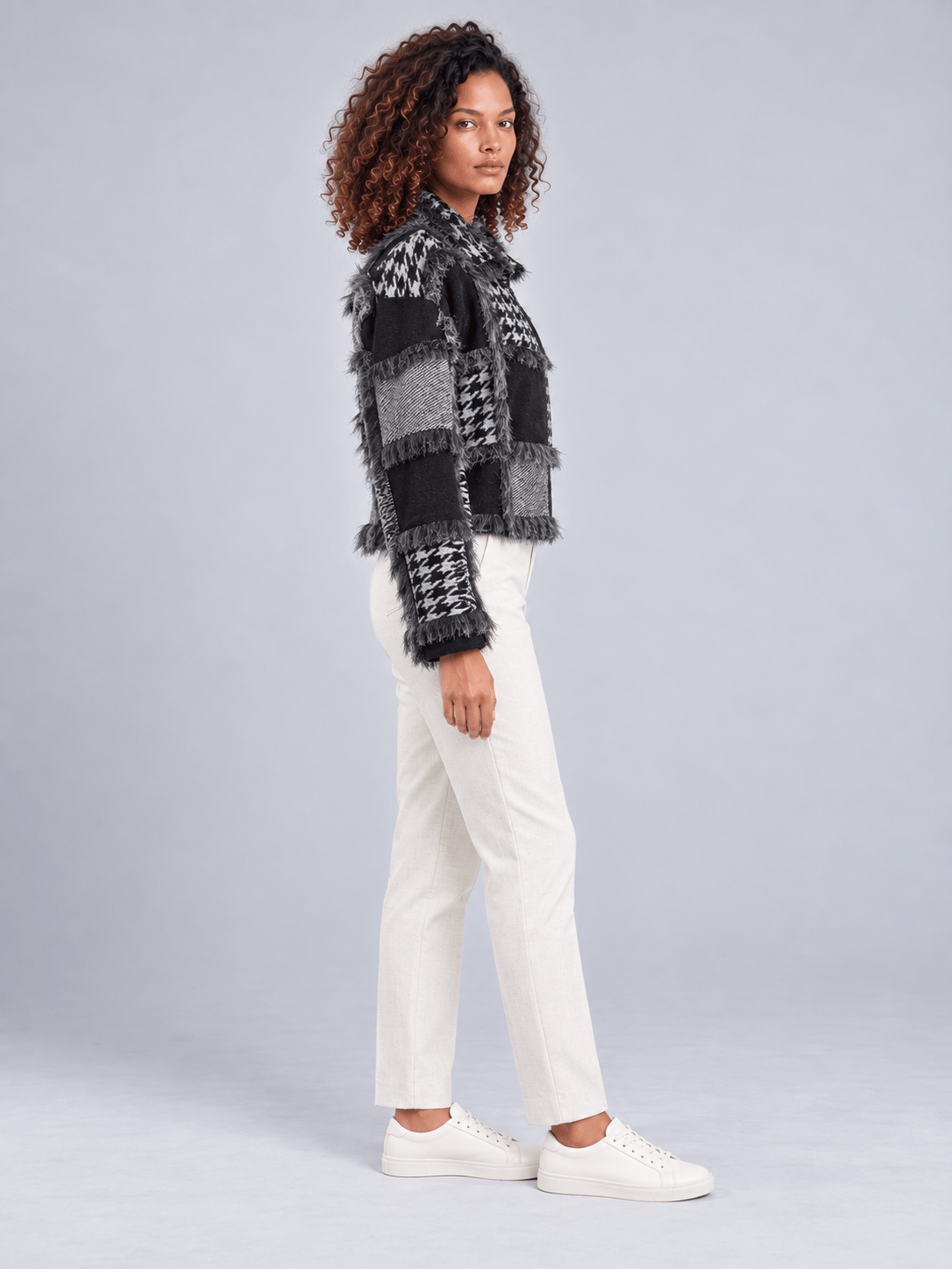 Bold & Young Kadın Siyah Gri Patchwork Desenli Yün Karışımlı Fermuarlı Ceket