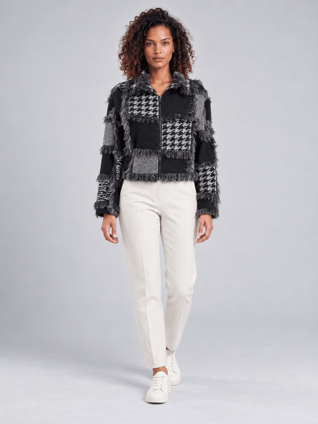 Bold & Young Kadın Siyah Gri Patchwork Desenli Yün Karışımlı Fermuarlı Ceket