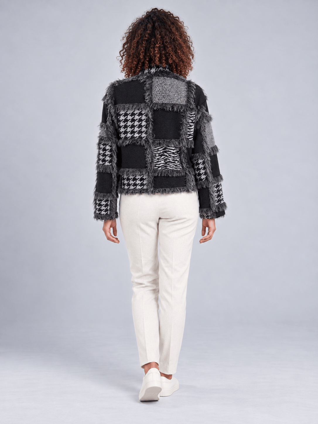 Bold & Young Kadın Siyah Gri Patchwork Desenli Yün Karışımlı Fermuarlı Ceket