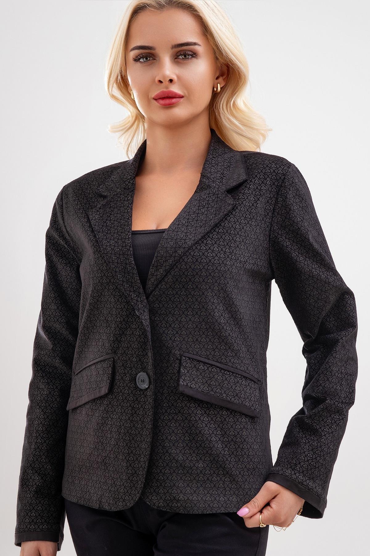 Kadın Baskılı Kadife Blazer Ceket – Likralı Pamuklu Kumaş, Astarlı, Çift Cepli