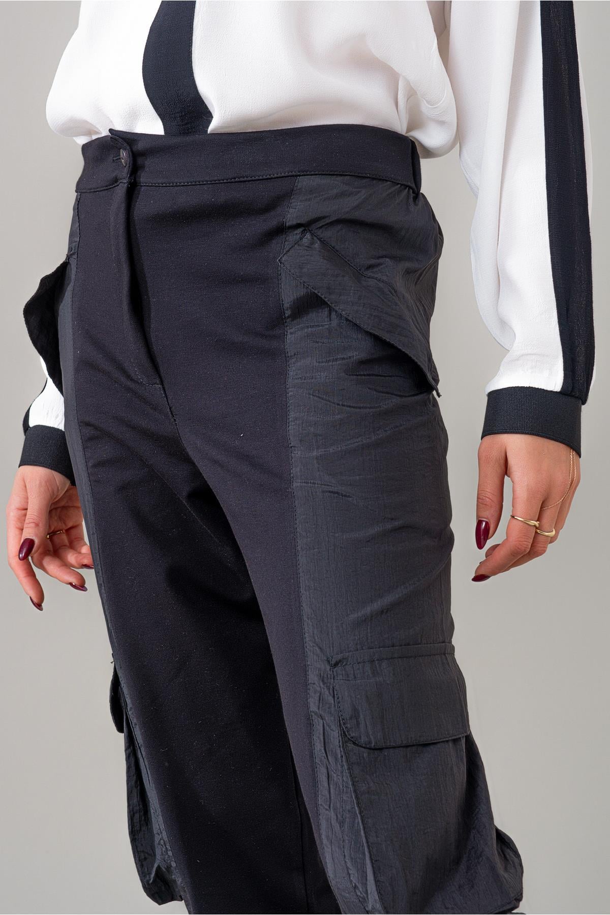 Kadın Kargo Cepli Siyah Polyamid Karışımlı Beli Lastikli Paça Lastikli Pamuk Likra Pantolon