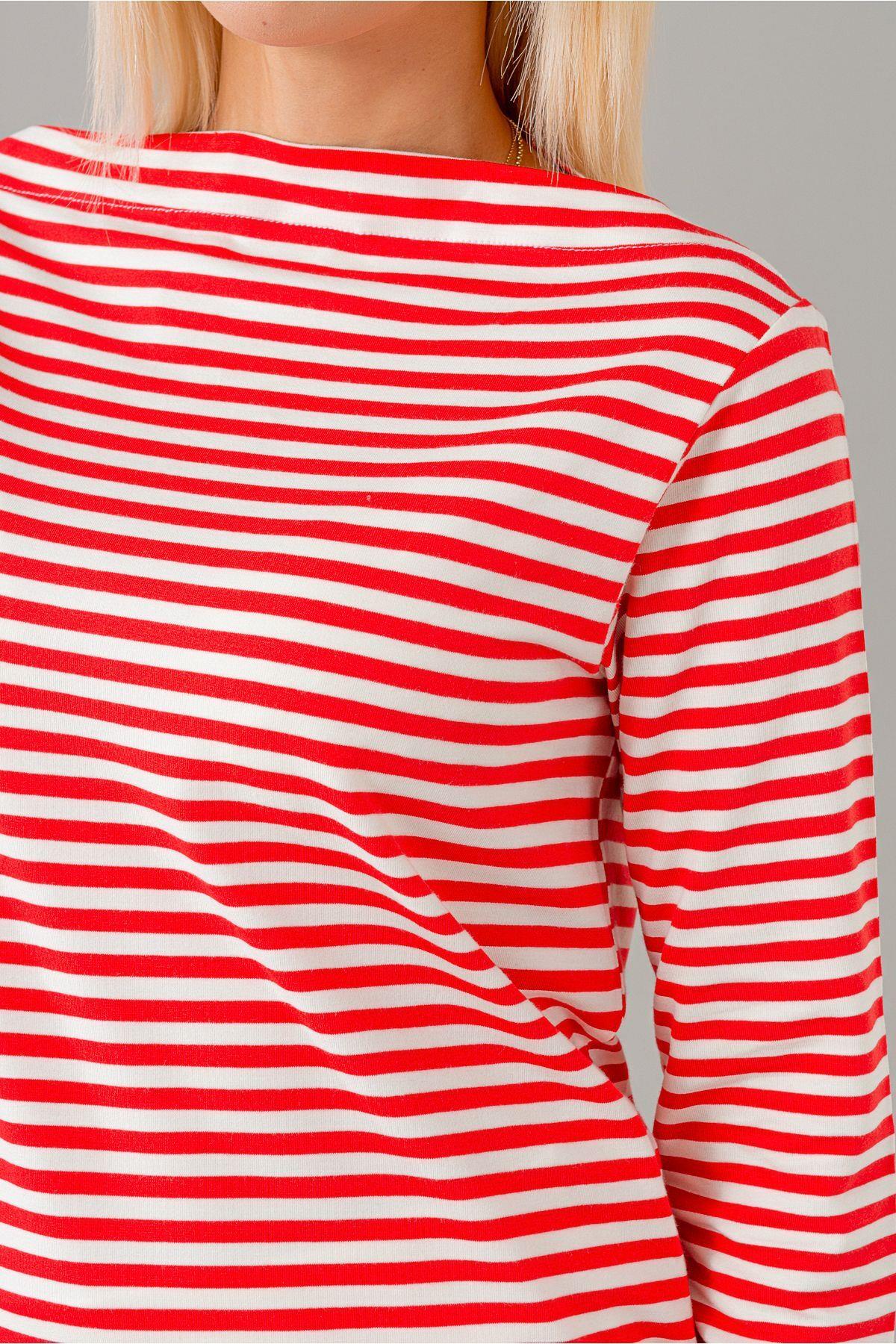 Kadın Kırmızı Ekru Çizgili Modal Örme Kumaş Kayık Yaka Tshirt