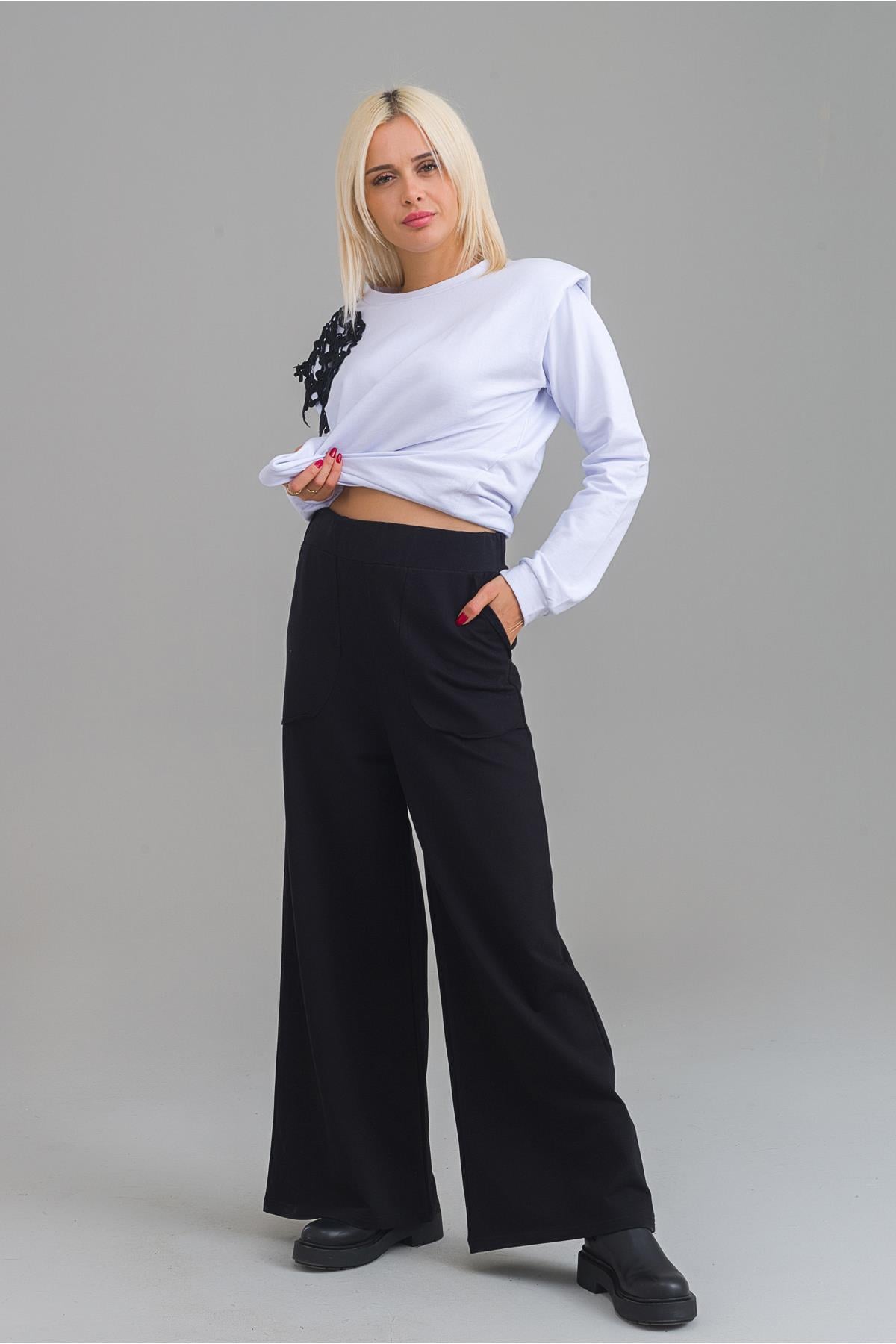 Kadın Siyah Renk Viskon Polyester Likralı Cepli Bol Paça Beli Lastikli Pantolon