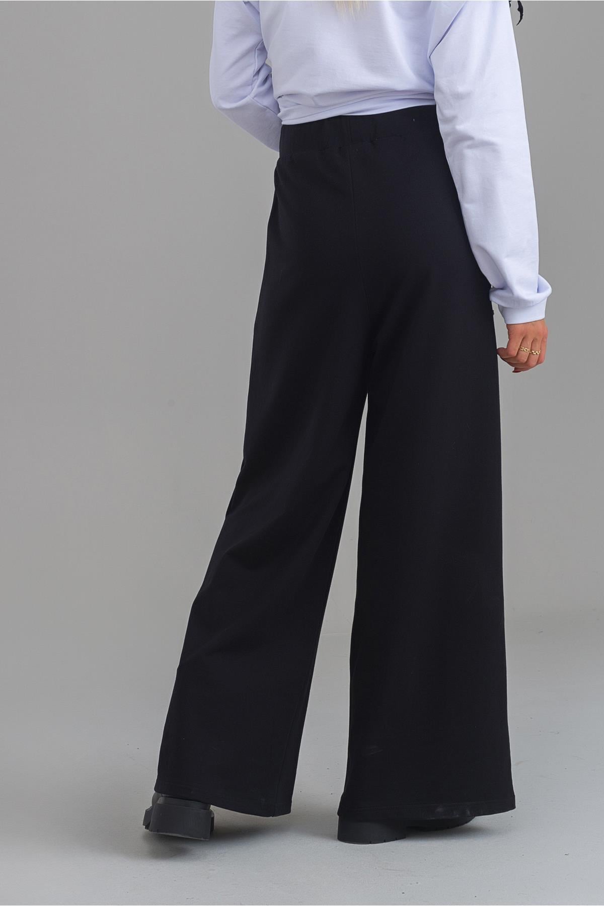 Kadın Siyah Renk Viskon Polyester Likralı Cepli Bol Paça Beli Lastikli Pantolon