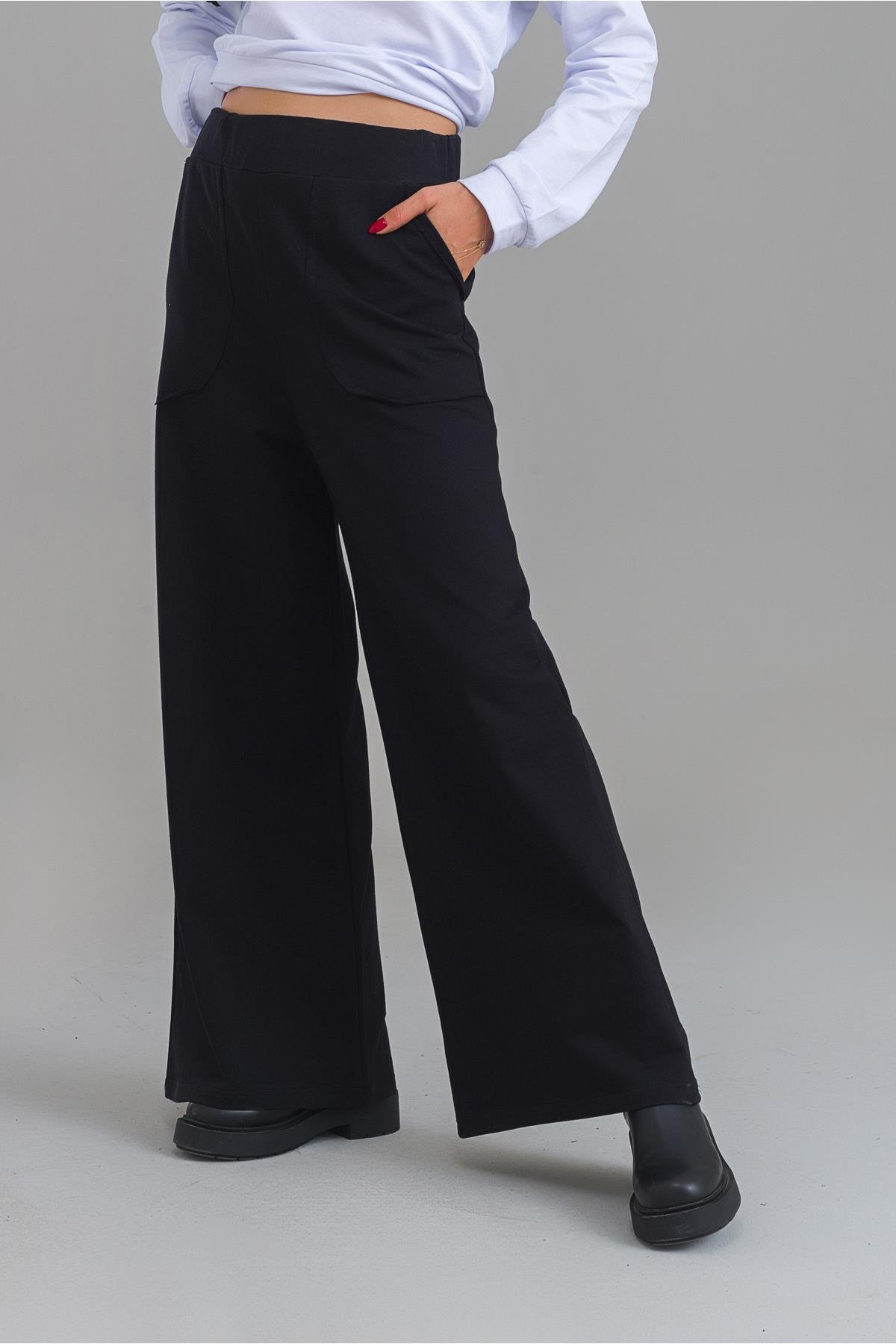 Kadın Siyah Renk Viskon Polyester Likralı Cepli Bol Paça Beli Lastikli Pantolon