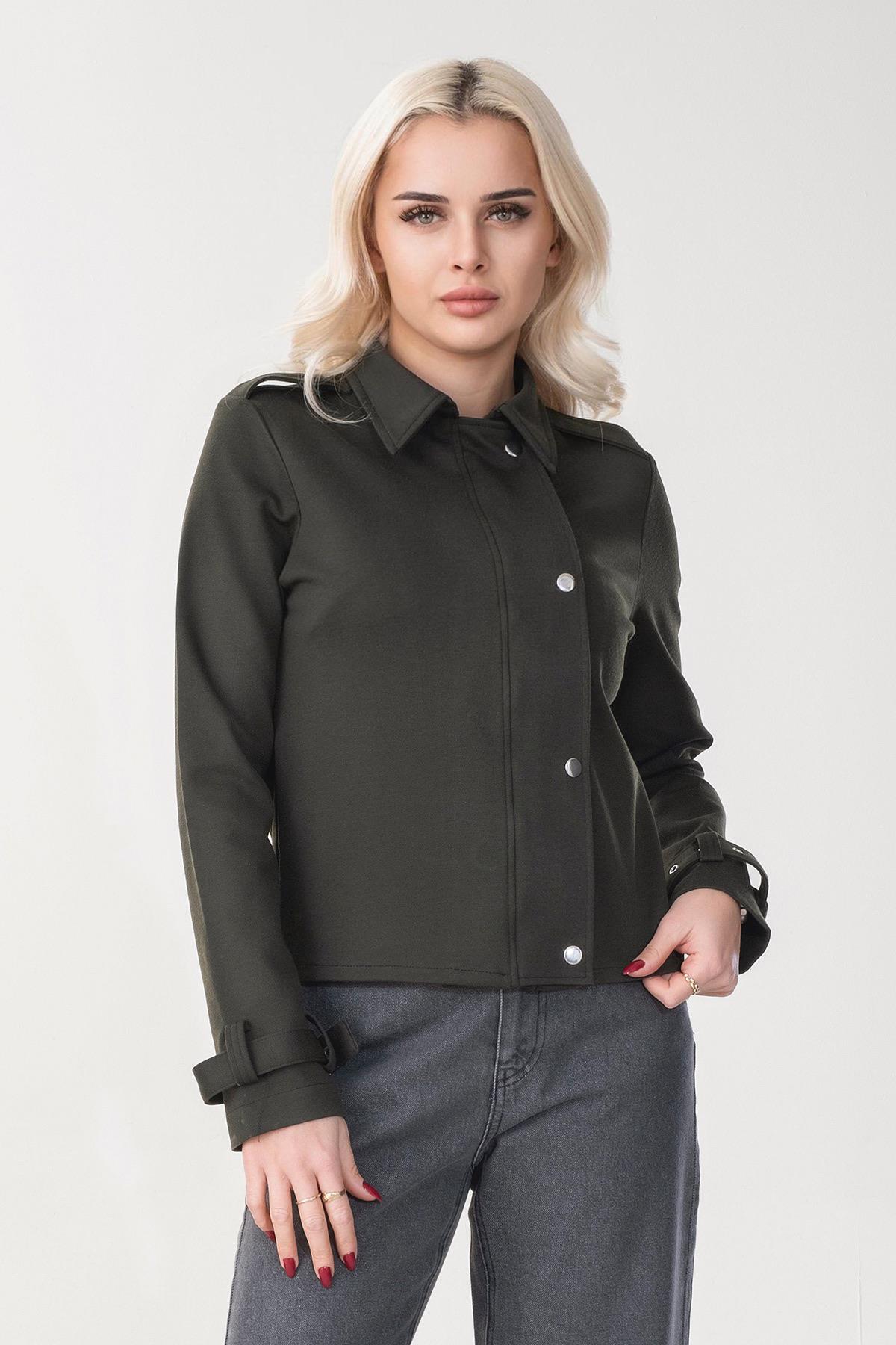 Kadın Viskon Polyester Likralı Kumaş Kol Ucu Toka Bantlı Kuş Gözü Aksesuarlı Çıt Çıtlı Cepli  Ceket