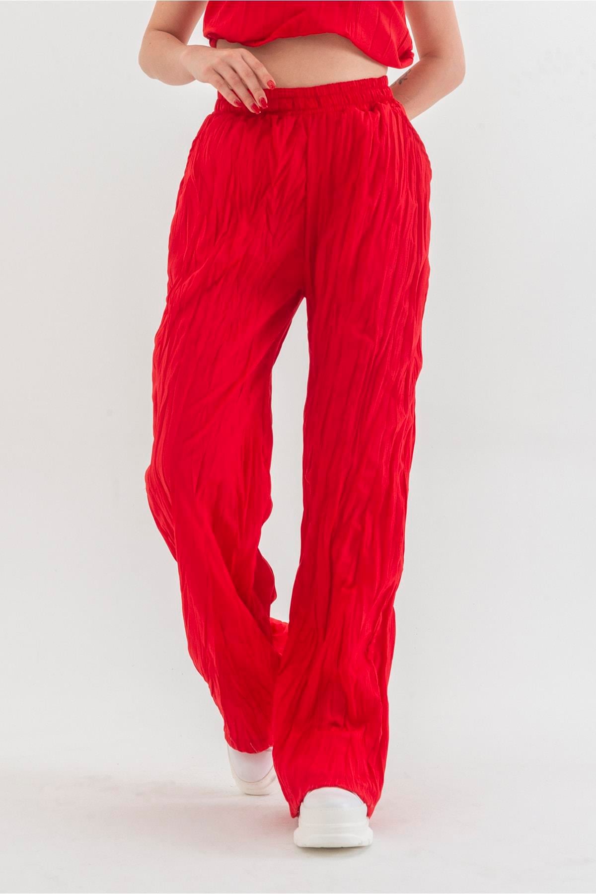 Kraşlı Cepli Beli Lastikli Viskon Polyester Dokuma Pantolon