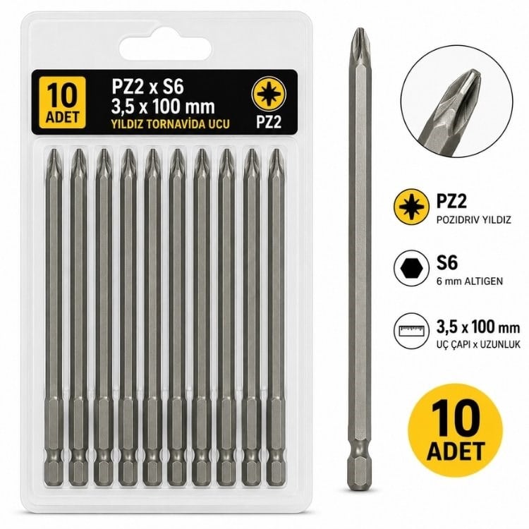 10 Adet PZ2 x S6 3,5 x 100 mm Yıldız Tornavida Ucu Pozidriv Vidalama Ucu Uzun Tip
