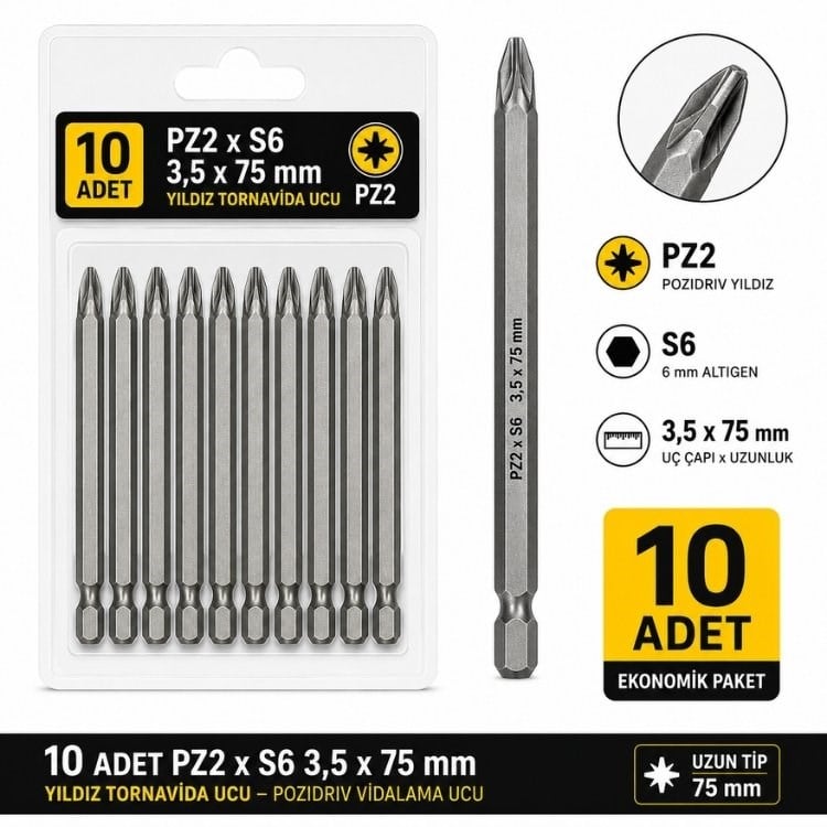 10 Adet PZ2 x S6 3,5 x 75 mm Yıldız Tornavida Ucu Pozidriv Vidalama Ucu Uzun Tip