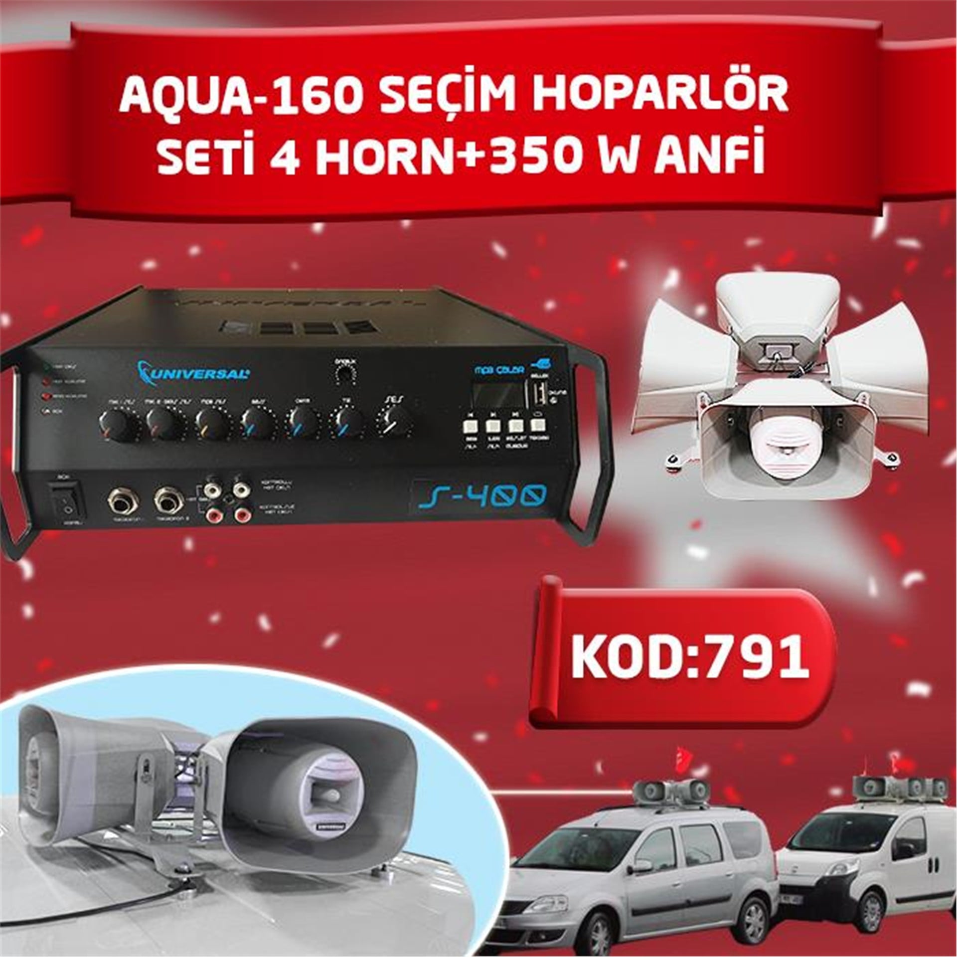 Aqua Aqua-200 Amfi̇ S-500 4'Lü Seçim Hoparlör Seti - 4 Horn + 500 W Amfi - Seslendirme Amfileri