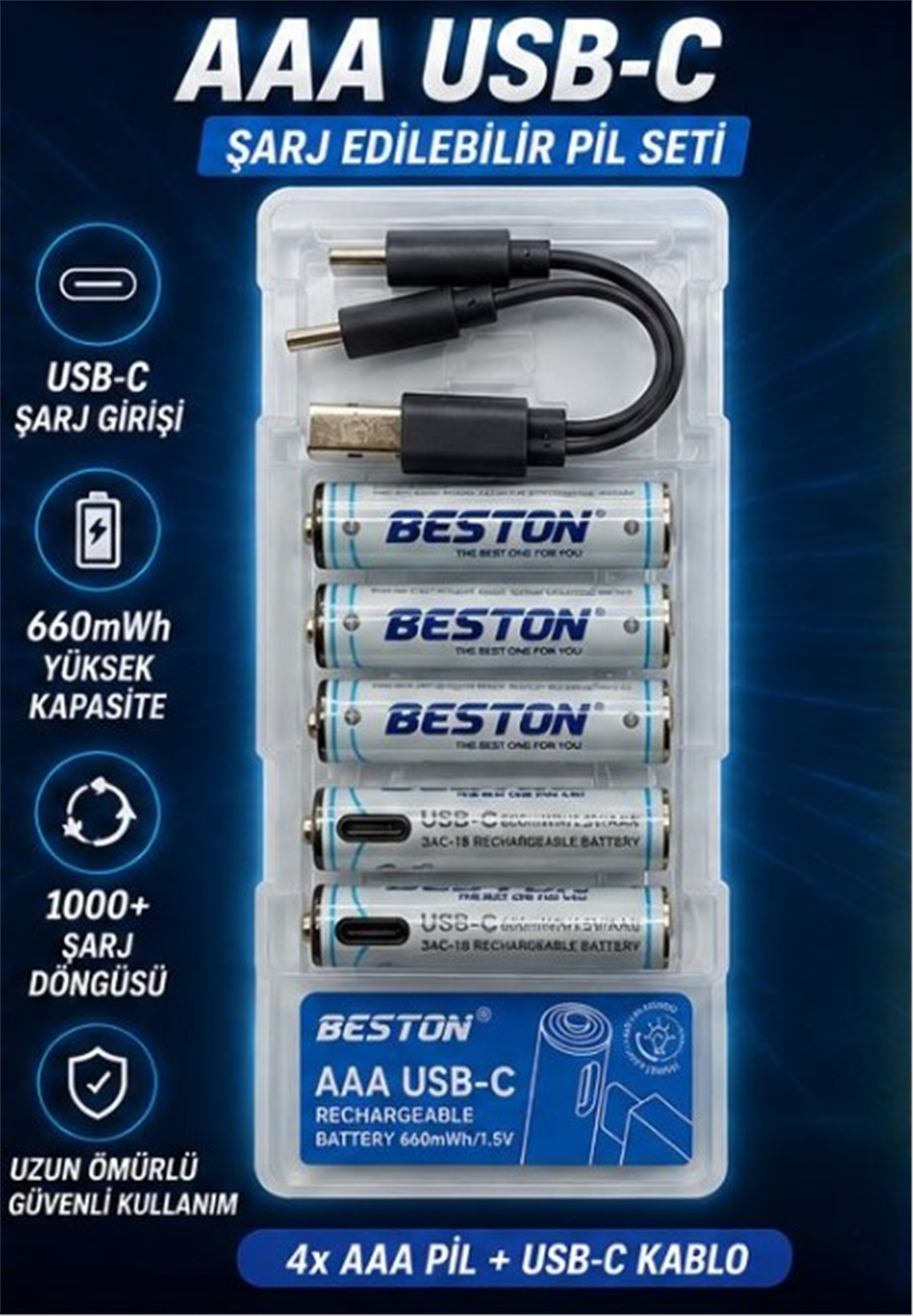 Reyonex BESTON 1.5 VOLT 660 MAH 4'LÜ AAA + USB-C KABLO ŞARJ EDİLEBİLİR PİL SETİ - Şarjlı Piller
