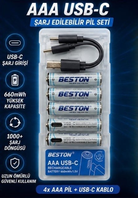 BESTON 1.5 VOLT 660 MAH 4'LÜ AAA + USB-C KABLO ŞARJ EDİLEBİLİR PİL SETİ