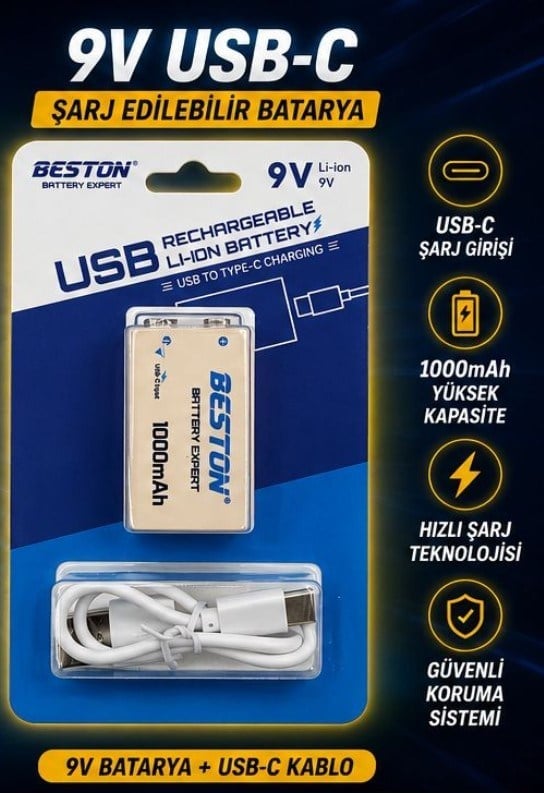BESTON 9 VOLT LI-ON 1000 MAH + USB- C KABLO ŞARJ EDİLEBİLİR BATARYA