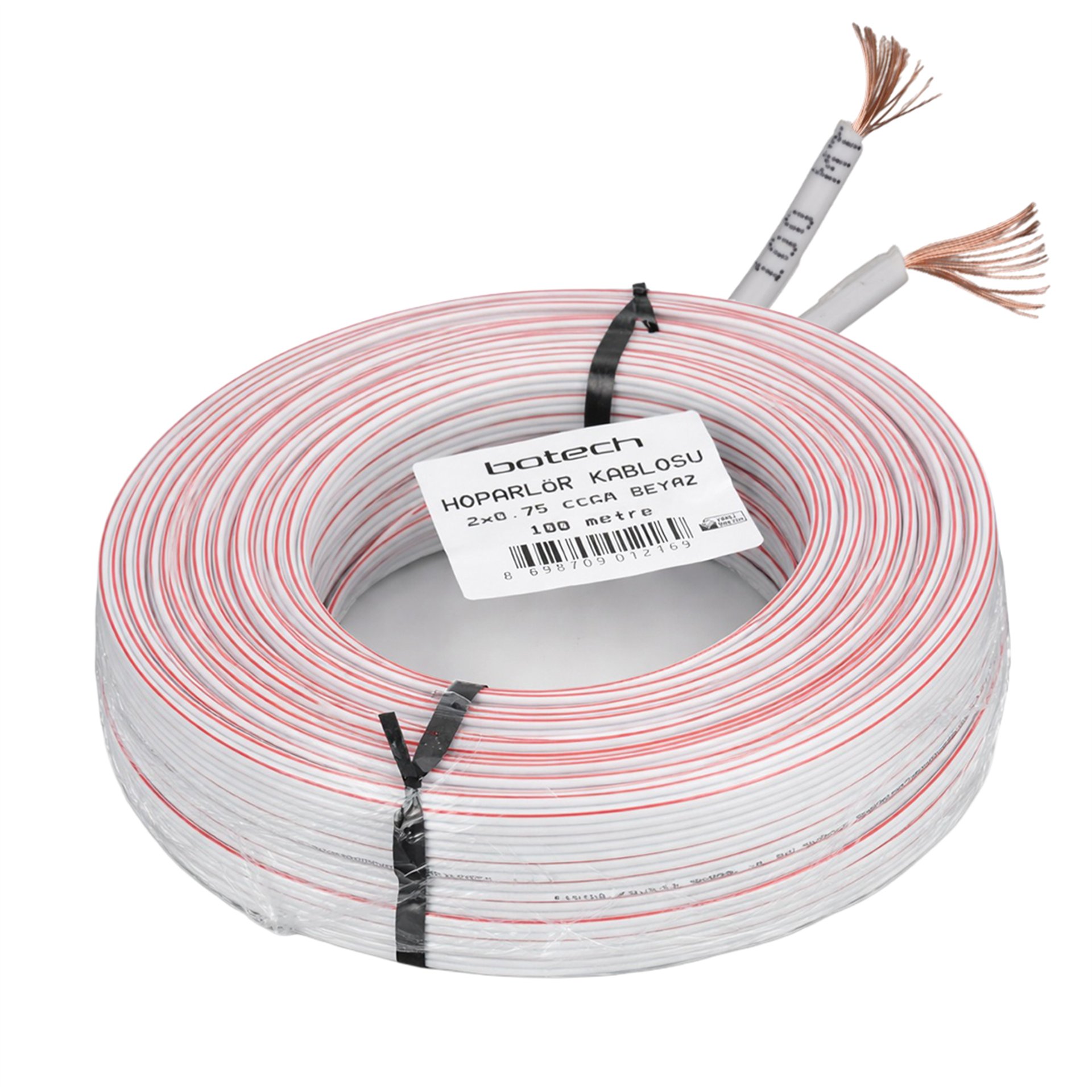 Botech BOTECH 2x0.75mm CCAM 48 Tel Beyaz-Kırmızı Kodlu 100 Metre Hoparlör Ses Kablosu - Hoparlör Kablosu
